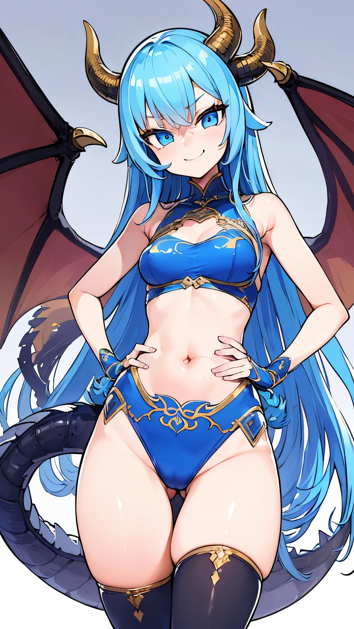 {best quality},{highly detailed},{ultra-detailed},masterpiece,1girl，solo，(blue eyes)，(li)，((long blue hair)，(((beautiful girl))),((Dragon image))，((Behind him are dragon wings and tail)),((Blue wings))，((blue tail)),Blue armor，There are thick dragon horns on the head，(((A haughty smile)))，anger