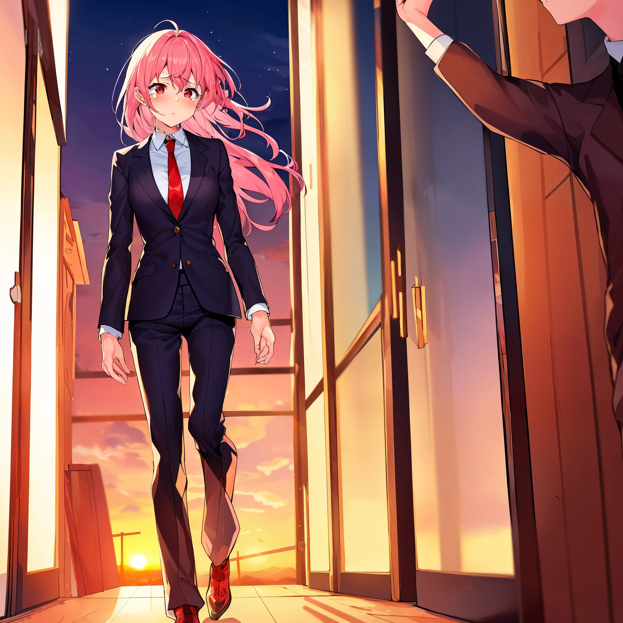 A girl with a disability,,Loss of legs,full body picture,shed tears,pink hair, medium hair, red eyes, serious, breast, black suit, formal suit, red tie, office, window, Sunset, sleeves are empty,The trouser legs are empty,Blowing in the wind,cowboy shooting