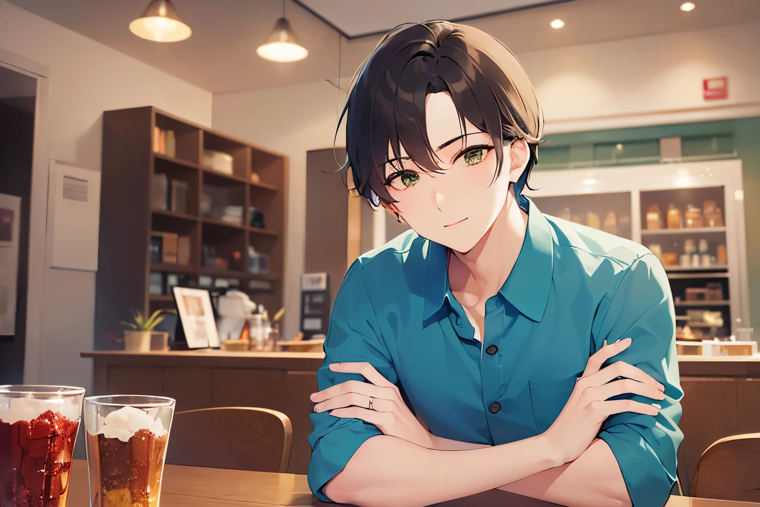 cinema angle, (outstretched arm:1.5), masterpiece、high quality、(25 year old man with short dark brown hair and green eyes:1.5), (Wearing a blue shirt:1.5)、smile, (Alone:1.5)、(Only the upper body is shown.:1.3)、The background is a café