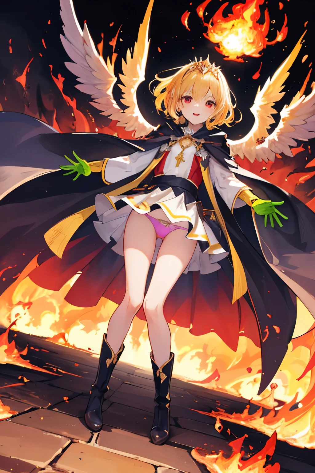(((1girl))), ((best quality)), ((masterpiece)), ((ultra-detailed)), (illustration), (detailed light), (an extremely delicate and beautiful), (beautiful detailed eyes), (sunlight), ((extremely light)), ((extremely clothes)), (((hyper detail))),(((((front lighting))))),(((((front light))))),
((((quite adorable and much more erotic Wizard's robe with a brief skirt and magical tiara)))), (((Finest Ranked Wizard))),
,
(((wavy short manish bob))), ((((yellow gold hair)))),
(((ruby red eyes))), (((tiny adorable angel wings))), (((angel halo))),
(((whole body))), aged 8 to 12, ((((())))),
((condescending expression)), ((mischievous smile with sexual satisfaction)), (((extra adorable))), (((((extra slender shape))))),
(((extremely beautiful detailed face))), (((surrounded by many burning fire balls))),
(((((supre dynamically and bravely attacking enemies by a spell of flames of Inferno))))), (((elegant magic boots))),
(((((Dutch angle))))), (((magical colored gloves))), ((transparent magical underskirt)), ((a little bit exposed magical colored panties))