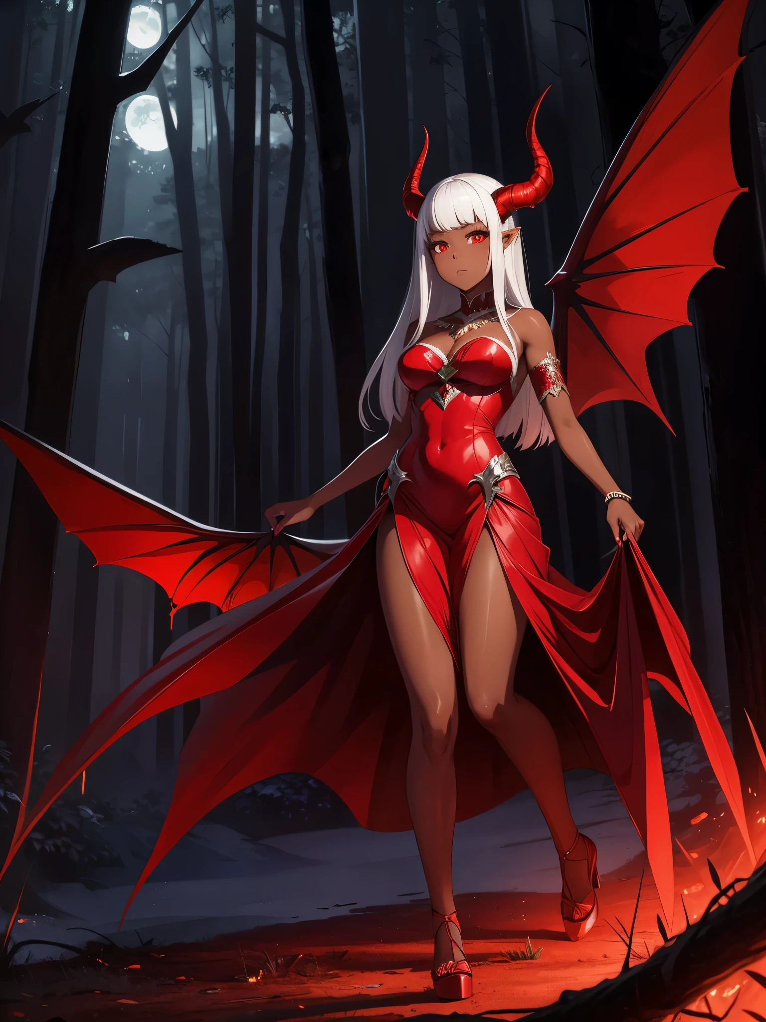 elegant red and silver dress, 1 demon girl, dark brown skin, horns, wings, tail, forest at night