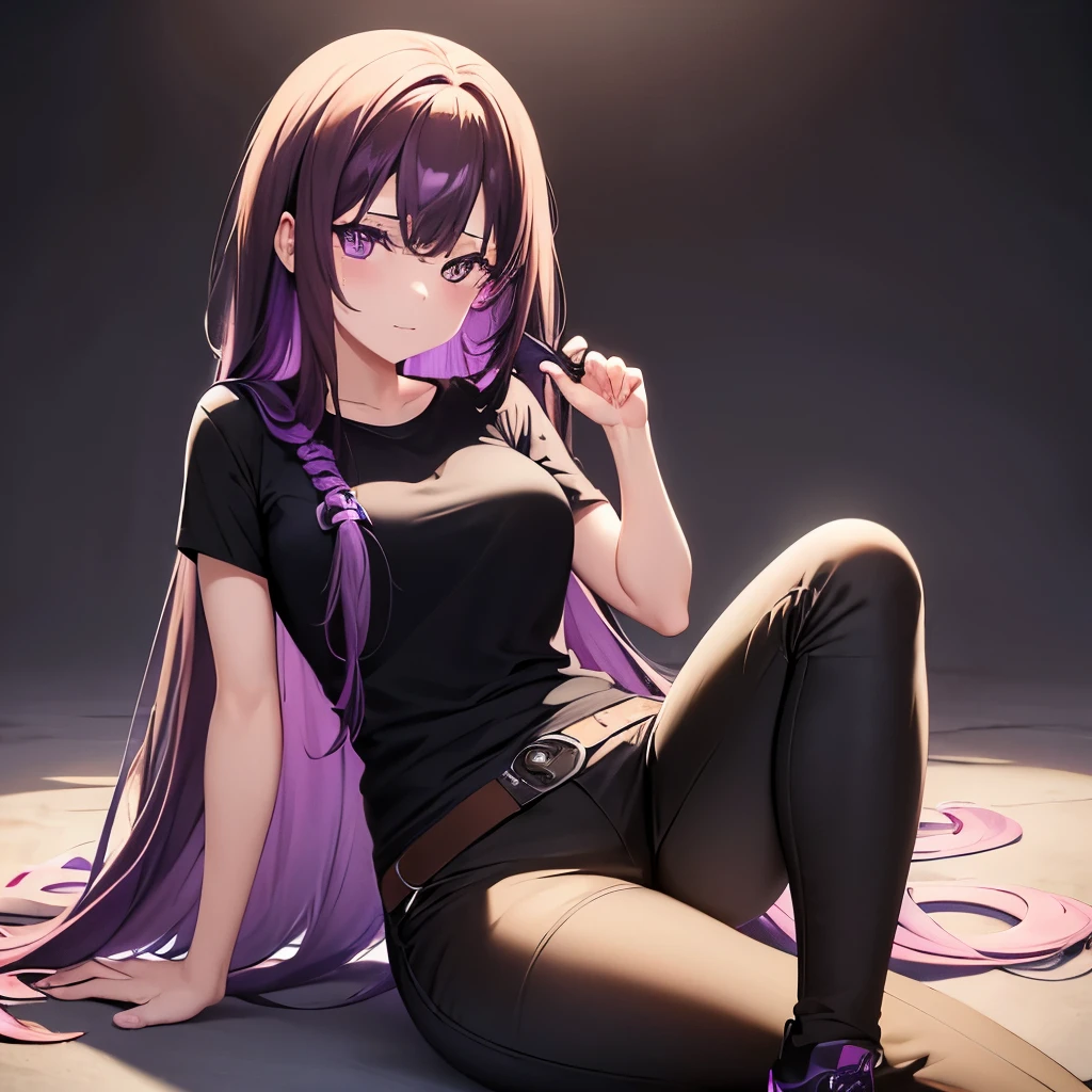 1 girl, long brown hair with purple tips, light purple eyes, wearing black T-shirt and black pants, purple and black shoes, absurdres, highres, ultrasharp, 8K, masterpiece, looking at viewer, good quality, beautiful face