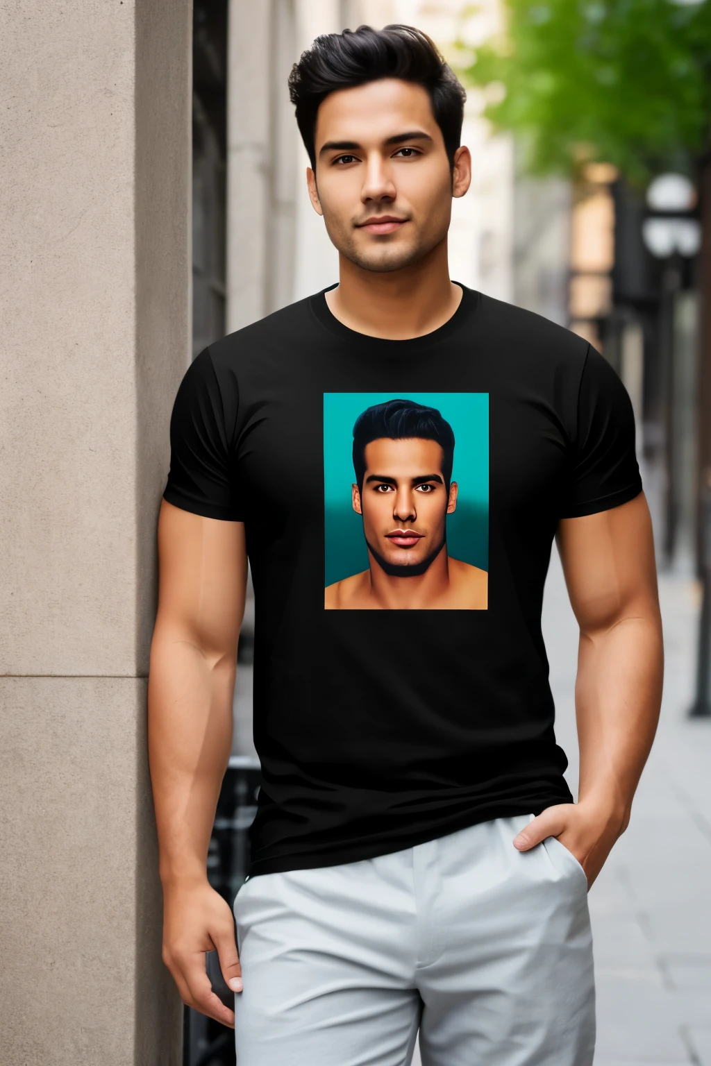 create a t shirt mock up, of a average looking young wearing a black t shirt in a city, make it look like a real human creases in the face, no filters, all natural looking human skin