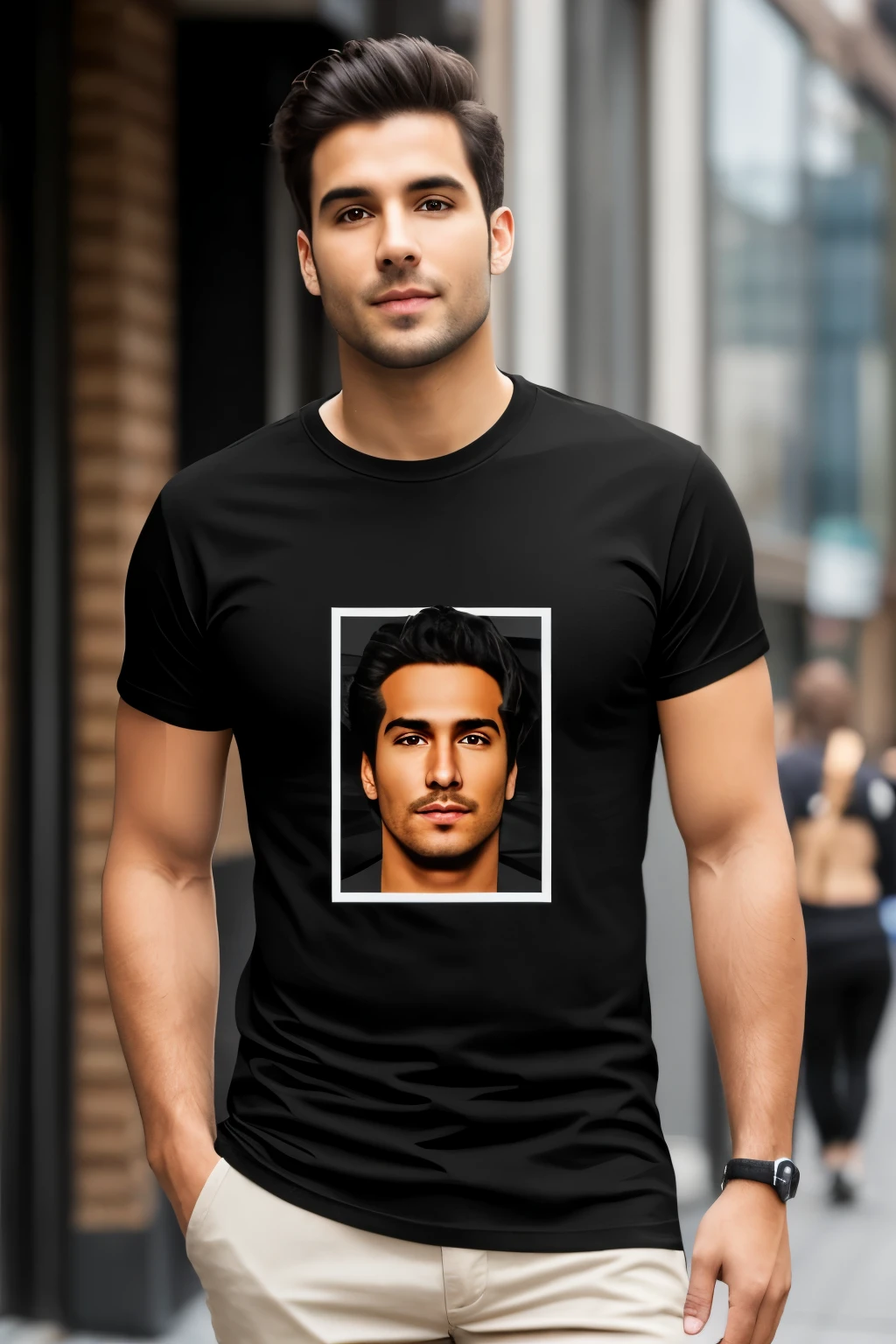 create a t shirt mock up, of a average looking young  wearing a black t shirt in a city, make it look like a real human creases in the face, no filters, all natural looking human skin