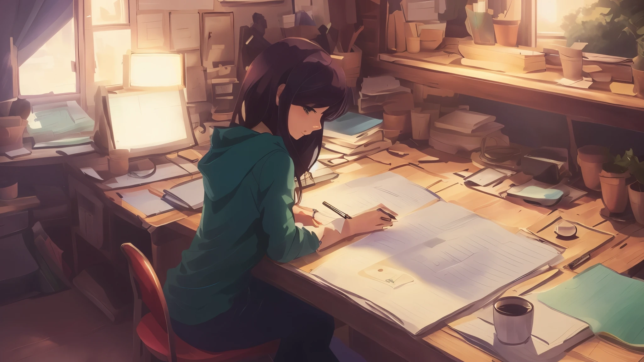 Anime girl sitting at a desk and writing on paper, studio glibly makoto shinkai, Makoto Shinkai&#39;s art style, Makoto Shinkai Style, Makoto Shinkai&#39;s style, ( ( makoto shinkai ) ), conrad roset and makoto shinkai, makoto shinkai. — hour 2160