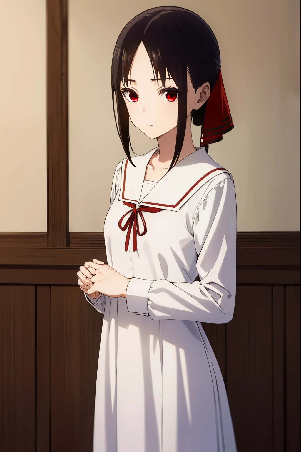 kaguyashinomiya, kaguya shinomiya, short hair, bangs, black hair, (red eyes:1.3), hair ribbon, sidelocks, folded ponytail, (parted bangs:1.5),
BREAK long sleeves, dress, ribbon, school uniform, collarbone, black dress, sailor collar, white sailor collar, red ribbon, neck ribbon, shuuchiin academy school uniform,
BREAK indoors, classroom,
BREAK looking at viewer, (cowboy shot:1.5),
BREAK (masterpiece:1.2), best quality, high resolution, unity 8k wallpaper, (illustration:0.8), (beautiful detailed eyes:1.6), extremely detailed face, perfect lighting, extremely detailed CG, (perfect hands, perfect anatomy),