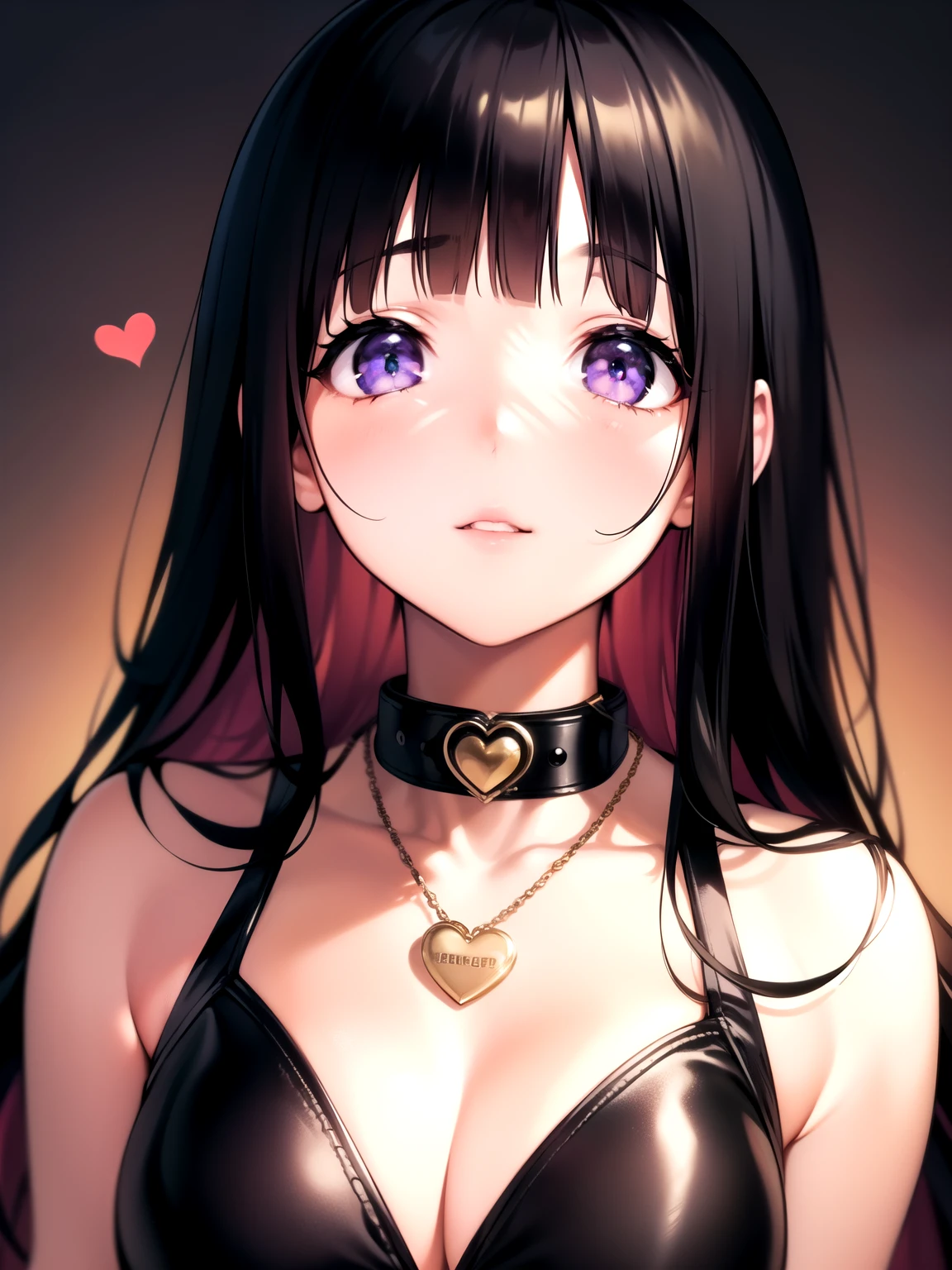 (A superb exquisite Chitanda Eru), (mature face), purple eyes, long black hair, natural streight hair, straight bangs, solo, portrait, [Small_breasts: large_breasts: 0.5], normal breasts, (wearing a dog collar, heart medal, leather collar), extremely delicate, peerless beautiful girl, dreamy quality, exaggerated  features, solid color, delicate face, bright lips, slender waist, straight curves, soft lights and shadows, super fine, 8K HD, (masterpiece:1.4), (finely detailed beautiful eyes: 1.2)