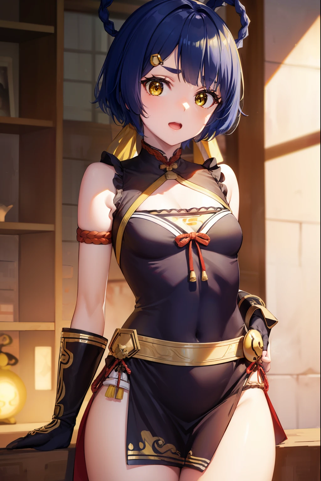 genshinxiangling, xiangling, blue hair, braid, braided hair rings, hair ornament, hair rings, hairclip, (yellow eyes:1.5), (small breasts:1.2), open mouth,
BREAK arm strap, bare shoulders, bell, belt, black footwear, black gloves, boots, brown belt, cleavage, cleavage cutout, clothing cutout, dress, fingerless gloves, gloves, high heels, jingle bell, thigh strap,
BREAK looking at viewer, (cowboy shot:1.5),
BREAK indoors, restaurant,
BREAK (masterpiece:1.2), best quality, high resolution, unity 8k wallpaper, (illustration:0.8), (beautiful detailed eyes:1.6), extremely detailed face, perfect lighting, extremely detailed CG, (perfect hands, perfect anatomy),