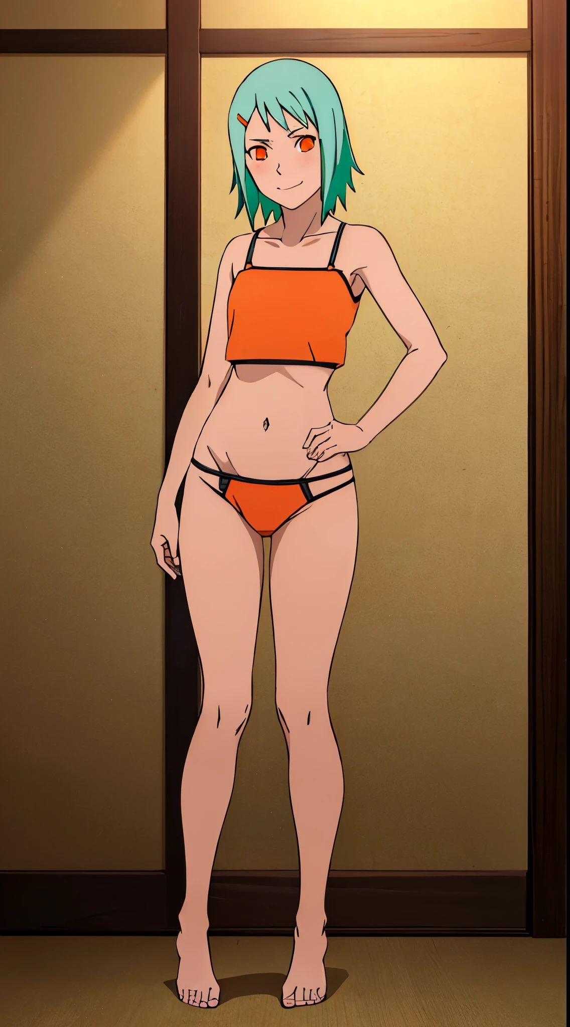 FUU, SHORT HAIR, HAIR ORNAMENT, (ORANGE EYES:1.3), HAIRCLIP, AQUA HAIR, lingerie, NAVEL, MIDRIFF, BARE body , COLLARBONE, 1girl, solo, facing viewer, looking at viewer, full body, embarrassed smile, shy, blushing, seductive posing