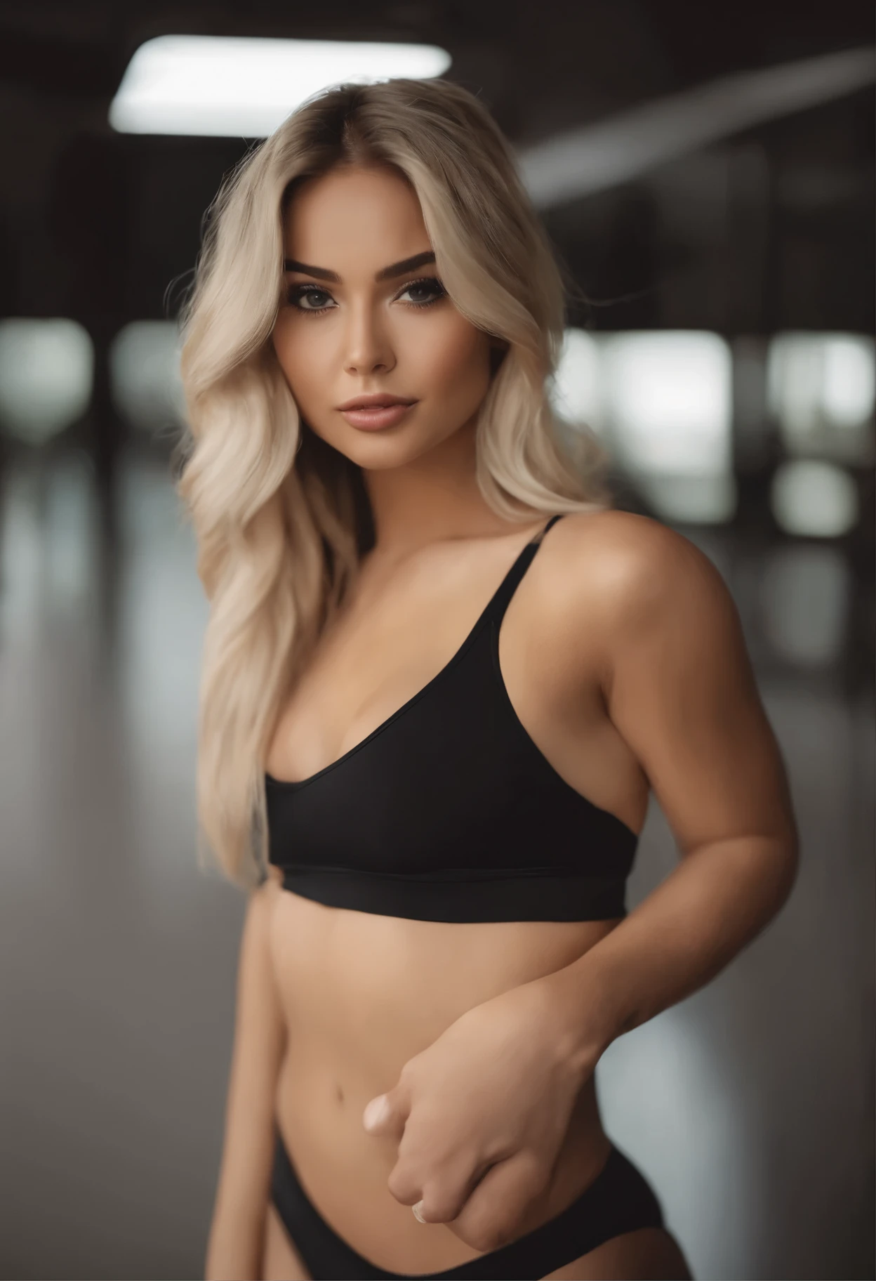 Woman in matching tank top and panties, Portrait of Sophie Mudd, Portrait of Korina Cope, Blonde hair and big eyes black hair, Selfie of a young woman, One's makeup, Natural makeup, Look directly into the camera, Faces with artgrams, Dezentes Makeup, Great full-body photos, in the room, large full breasts, a blond, Latina, gym