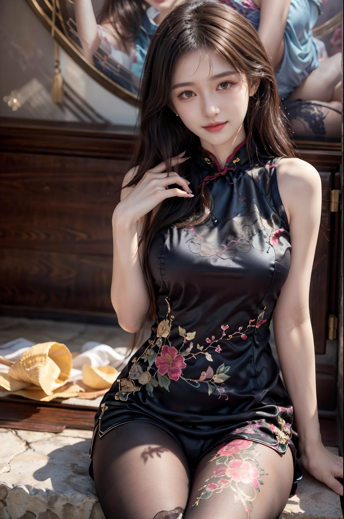 ulzzang-6500-v1.1, (RAW photo:1.2), (Photoreal), (genuine:1.4), １girl、とても可愛いgirl、************、 オーシャンブルーのeye(eye), (very affectionate smile:1.2), (Luxury cheongsam:1.2), bold pose、(super realistic pantyhose:1.2), curly hair、realistic skin texture、shiny skin、exposed thighs!!! , Makeup、eye shadow、