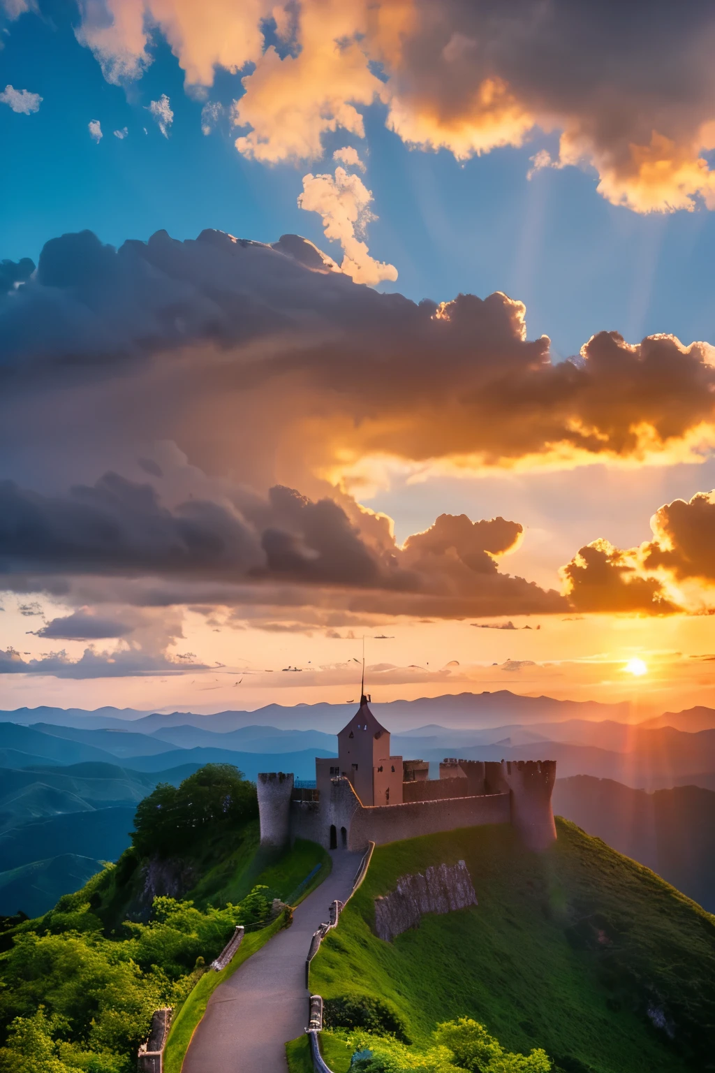 Old castle、on top of the mountain、sea of clouds、fantastic scenery、sunset、mysterious、