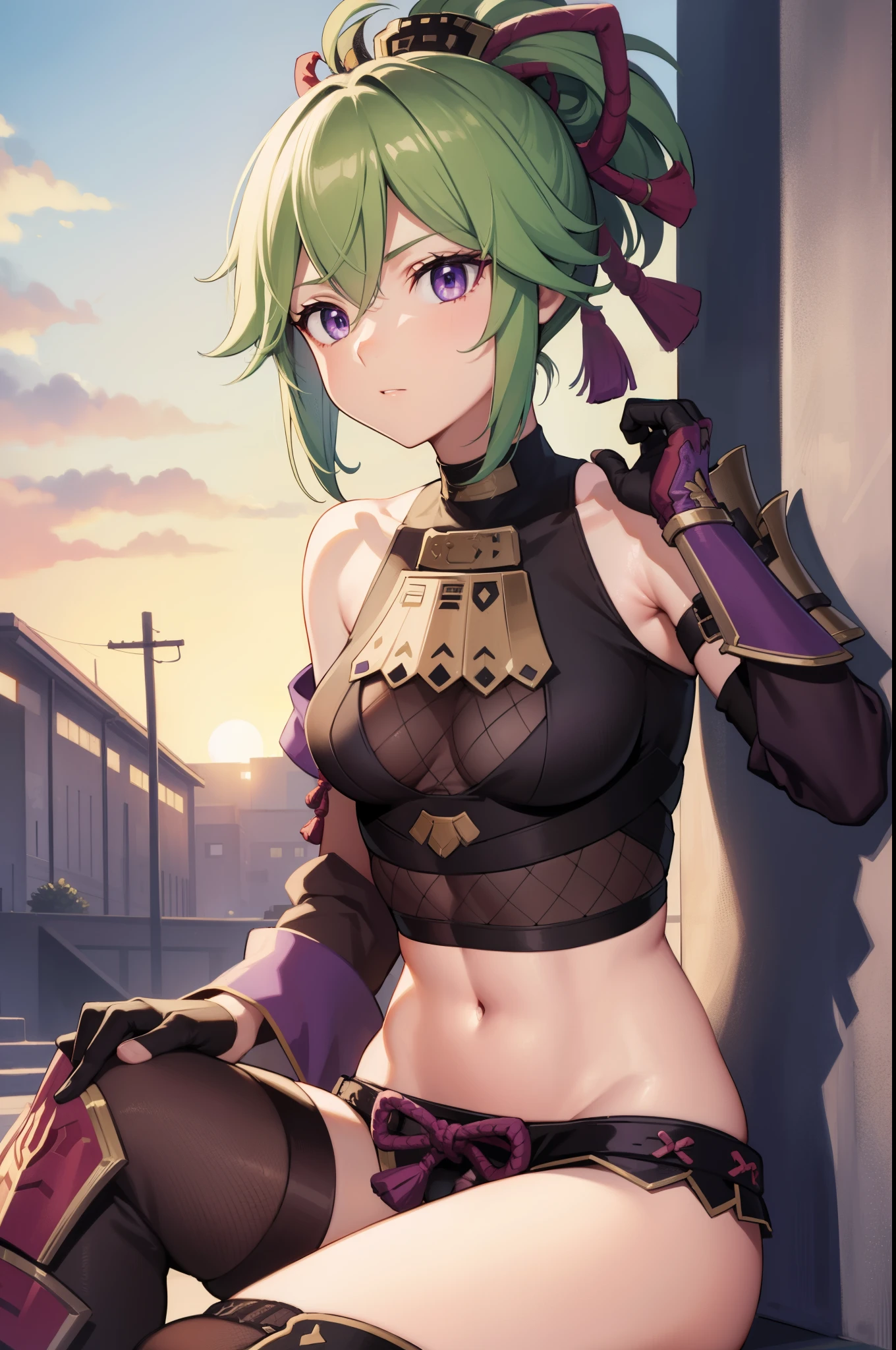 shinobukuki, shinobu kuki, green hair, hair between eyes, ponytail, short hair, (purple eyes:1.1),
BREAK armor, bare shoulders, black gloves, cropped jacket, fishnet top, fishnets, gloves, gold trim, hair ornament, jacket, leg armor, midriff, off shoulder, partially fingerless gloves, purple jacket, shirt, short shorts, shorts, shoulder armor, sleeveless, sleeveless shirt,
BREAK looking at viewer,
BREAK outdoors,
BREAK (masterpiece:1.2), best quality, high resolution, unity 8k wallpaper, (illustration:0.8), (beautiful detailed eyes:1.6), extremely detailed face, perfect lighting, extremely detailed CG, (perfect hands, perfect anatomy),