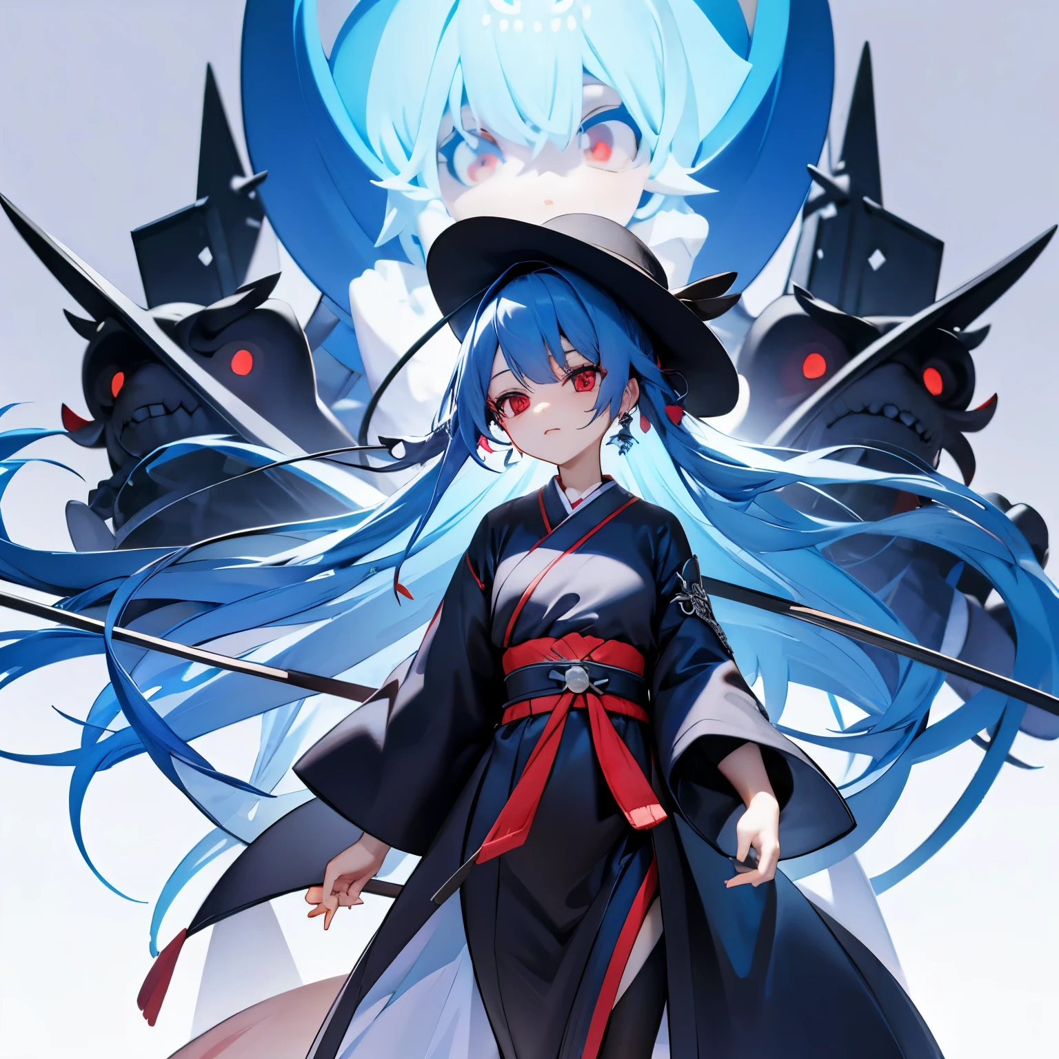Big hat, black haori, cross necklace, blue hair, red eyes