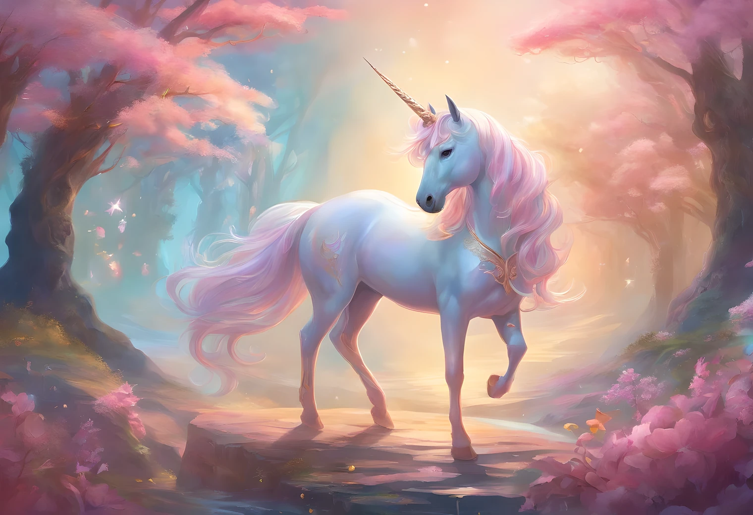 Masterpiece, best quality, 8k, high detail, hyper-detail, a cute unicorn, light blue with holographic ornate designs, light pink and gold tetradic colors, approaching perfection
