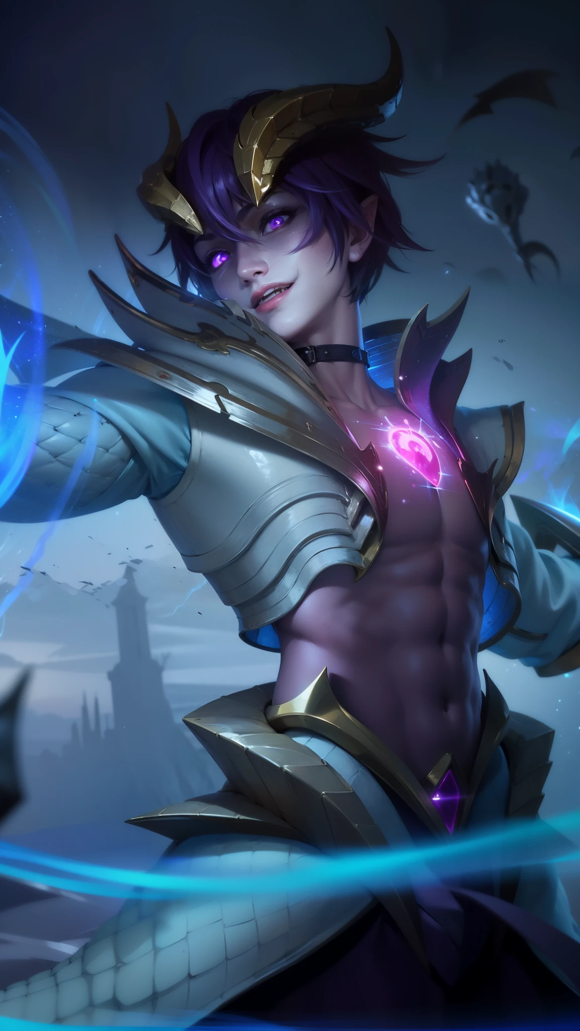 masculine male, masterpiece, ((perfect eyes)) best quality, (semirealism:1.9), beautiful lighting, (extremely detailed CG unity 4k fhd wallpaper), High Detail, Sharp focus, dramatic outdoors, 25 years old, blue short hair, Boy with two big horns, big earrings on ears, elf ear, red eyes, Thick eyebrows, evil smile, grinning, red body, red face, Burning skin, yellow diamonds glistening on chest, burning red skin, golden robe behind, big white belt, 8k, realistic, tato, scary, strong red eye glow (red eye:1.2).