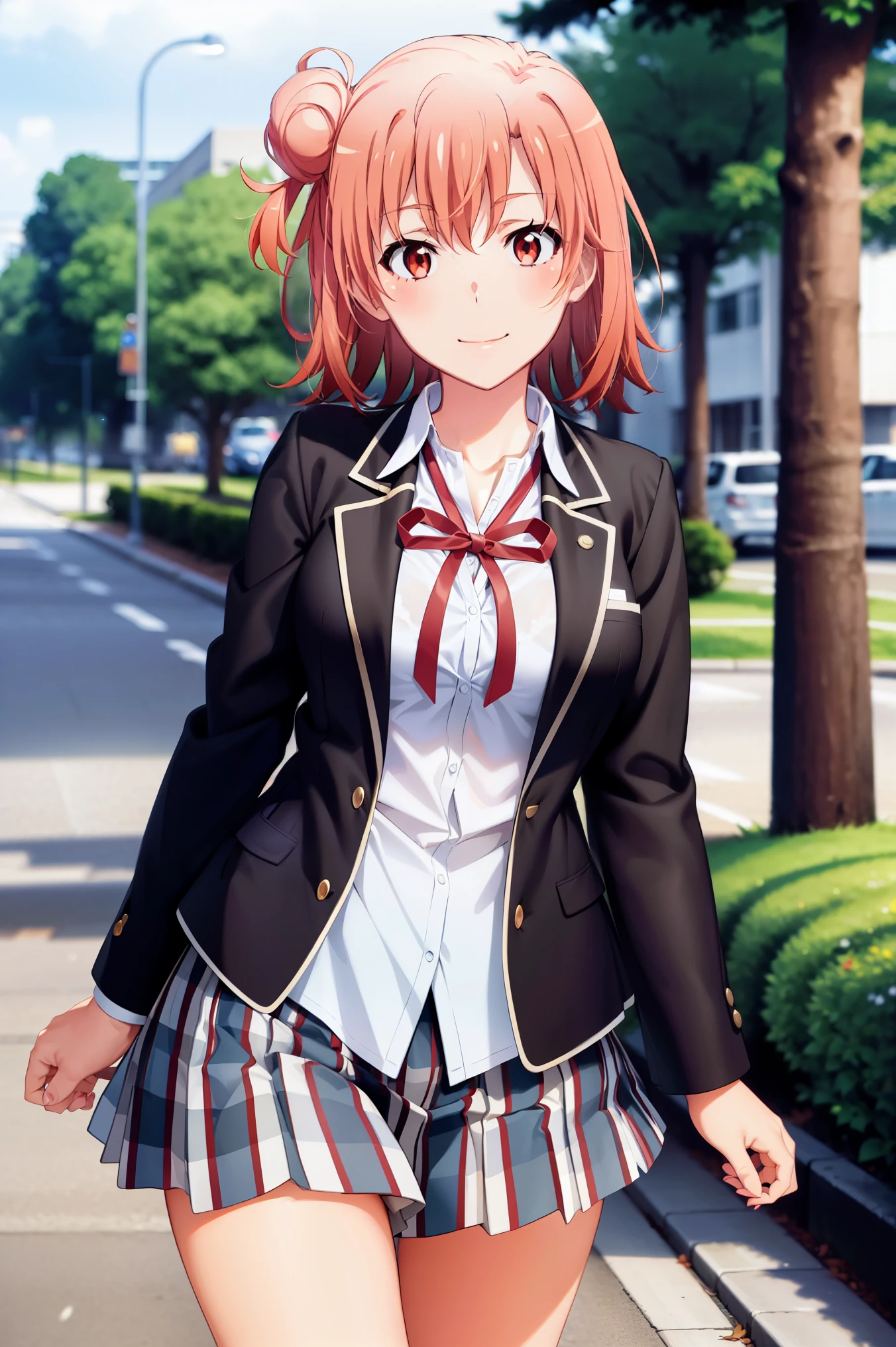 highest quality, masterpiece, High resolution, 1 girl, Yuigahama Yui, school uniform, pleated skirt, short hair, red ribbon, white shirt, black jacket, big , Are standing, smile, academic background,Wind,Skirt twisting,white underwear