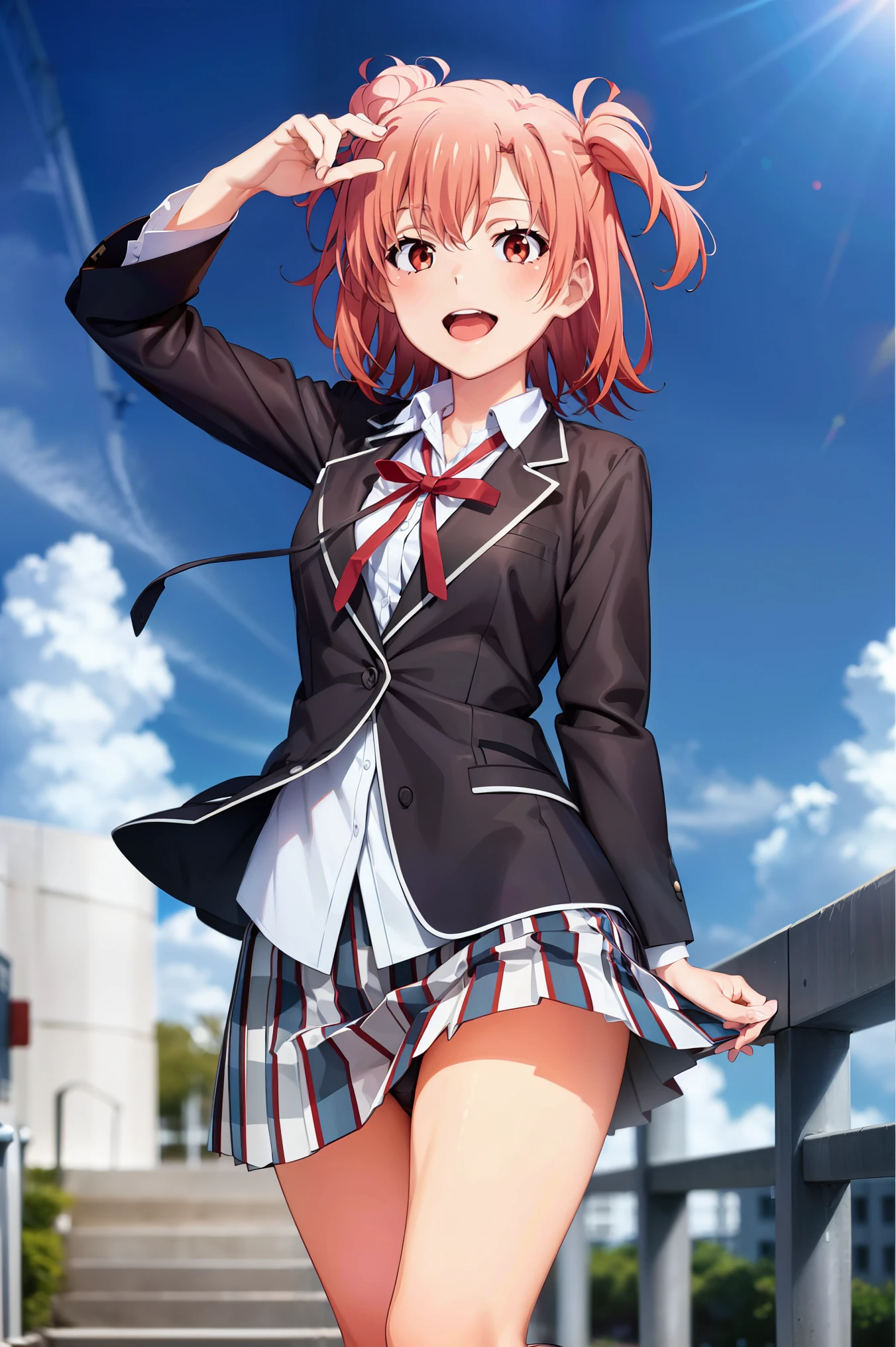 highest quality, masterpiece, High resolution, 1 girl, Yuigahama Yui, school uniform, pleated skirt, short hair, red ribbon, white shirt, black jacket, big , Are standing, smile, academic background,Wind,Skirt twisting,white underwear