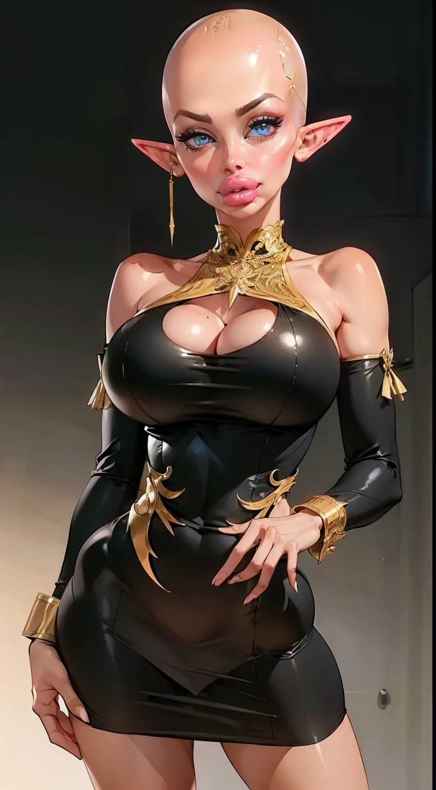 (((1girl:1.8))), ((exposed collarbone:1.5)) ((Bardot neck area:1.3)), style, ((black color palette)), anime style, (((elf))) (((black luxury dress:1.4))) (((smoldering eyes))), ((bald:1.5)), ((no hair:1.5)), 8k, 4k, Unreal Engine 5, octane render, trending on pixiv, ((exposed neck:1.7)) ((intricate details on dress:1.4)), (((exposed shoulders:1.5))), fanbox, skeb, (((long sleeves:1.5))), masterpiece, ((short dress:1.2)),(skindentation:1.4), ((decorated sleeve cuffs:1.3)), (full lips:1.5), ((cleavage cutout:1.2)), (((dark lighting))), smooth soft skin, big dreamy eyes, beautiful anime wide eyes, black background, concept art, digital painting,