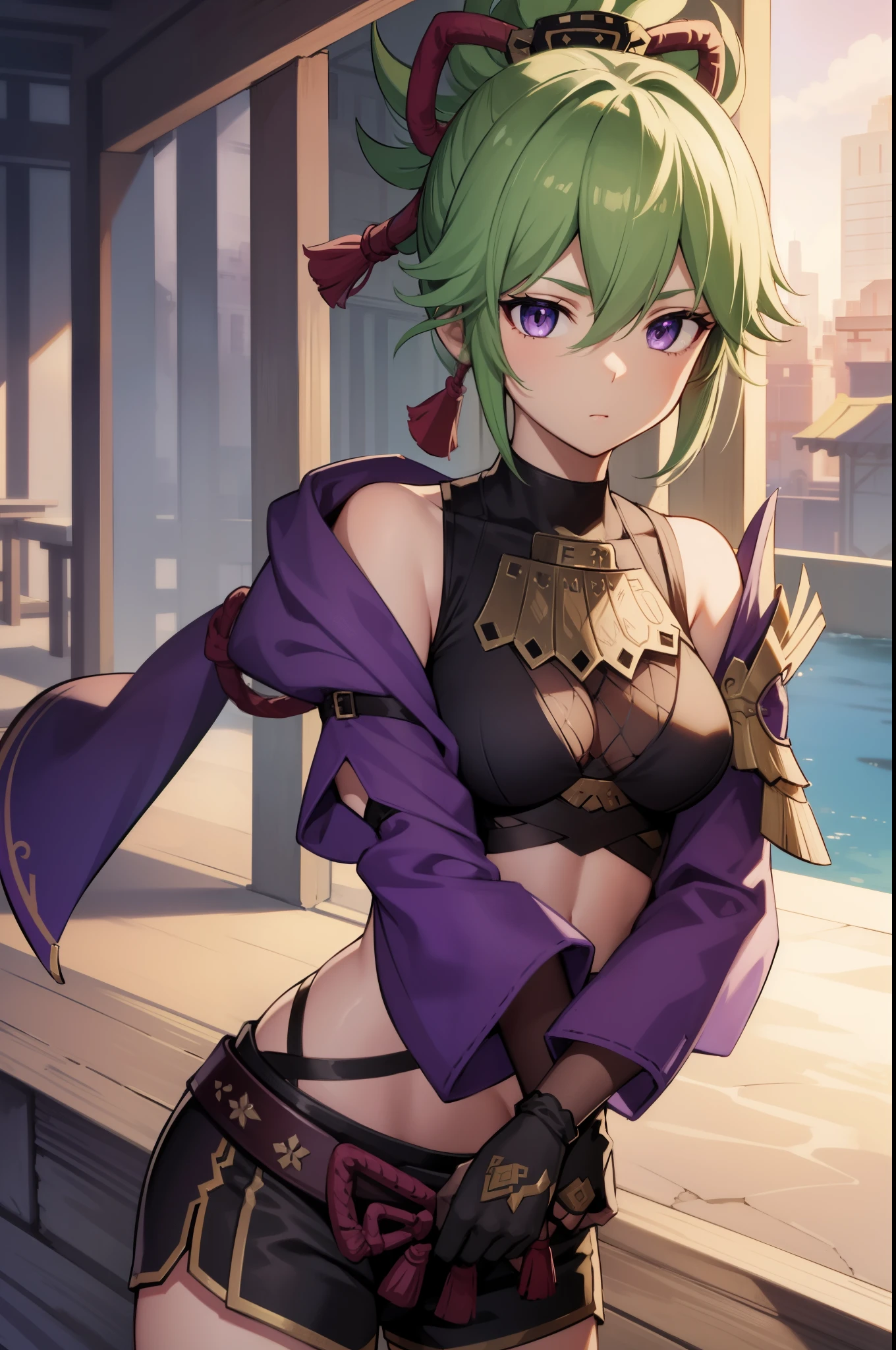 shinobukuki, shinobu kuki, green hair, hair between eyes, ponytail, short hair, (purple eyes:1.1),
BREAK armor, bare shoulders, black gloves, cropped jacket, fishnet top, fishnets, gloves, gold trim, hair ornament, jacket, leg armor, midriff, off shoulder, partially fingerless gloves, purple jacket, shirt, short shorts, shorts, shoulder armor, sleeveless, sleeveless shirt,
BREAK looking at viewer,
BREAK outdoors,
BREAK (masterpiece:1.2), best quality, high resolution, unity 8k wallpaper, (illustration:0.8), (beautiful detailed eyes:1.6), extremely detailed face, perfect lighting, extremely detailed CG, (perfect hands, perfect anatomy),