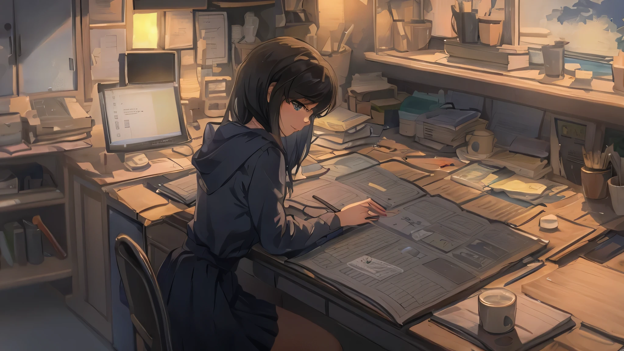 Anime girl sitting at a desk and writing on paper, studio glibly makoto shinkai, makoto shinkai&#39;art style, makoto shinkai Style, makoto shinkai&#39;Style, ( ( makoto shinkai ) ), conrad roset and makoto shinkai, makoto shinkai. — 2160 hours,Draw the eyes and mouth clearly