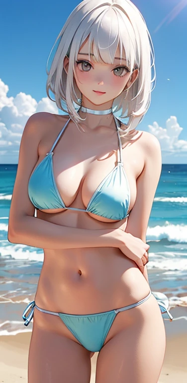 Realistic、1girl、white hair、yellow eyes、white bikini、cute face,cowboy shot:1.5,beach、wallpaper