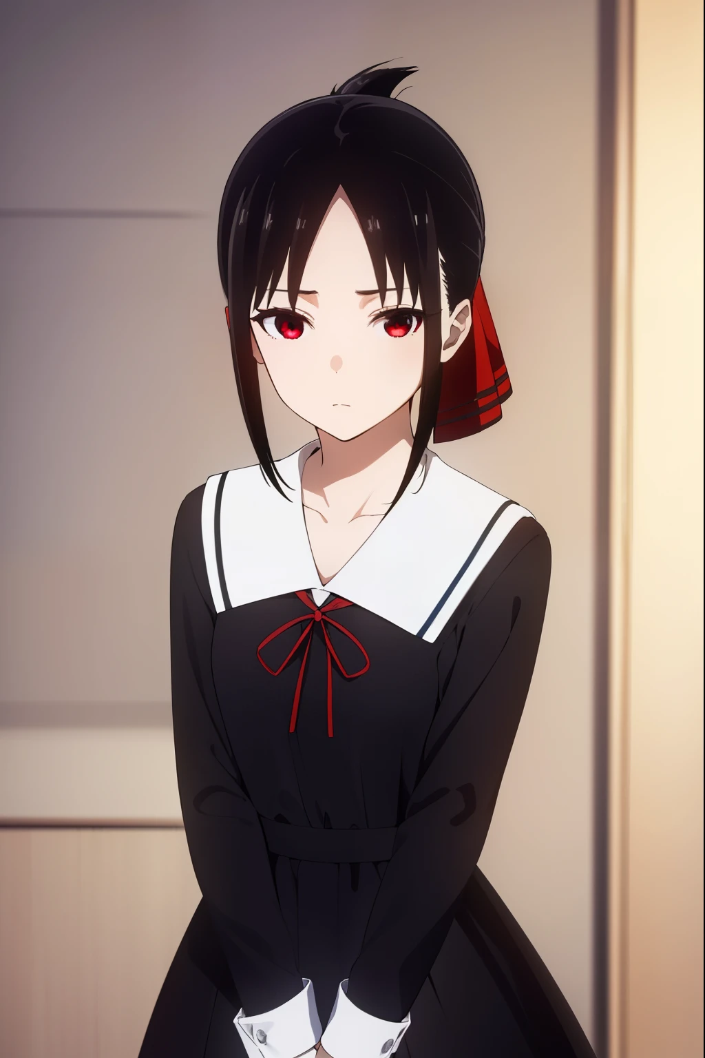 kaguyashinomiya, kaguya shinomiya, short hair, bangs, black hair, (red eyes:1.3), hair ribbon, sidelocks, folded ponytail, (parted bangs:1.5),
BREAK long sleeves, dress, ribbon, school uniform, collarbone, black dress, sailor collar, white sailor collar, red ribbon, neck ribbon, shuuchiin academy school uniform,
BREAK indoors, classroom,
BREAK looking at viewer, (cowboy shot:1.5),
BREAK (masterpiece:1.2), best quality, high resolution, unity 8k wallpaper, (illustration:0.8), (beautiful detailed eyes:1.6), extremely detailed face, perfect lighting, extremely detailed CG, (perfect hands, perfect anatomy),