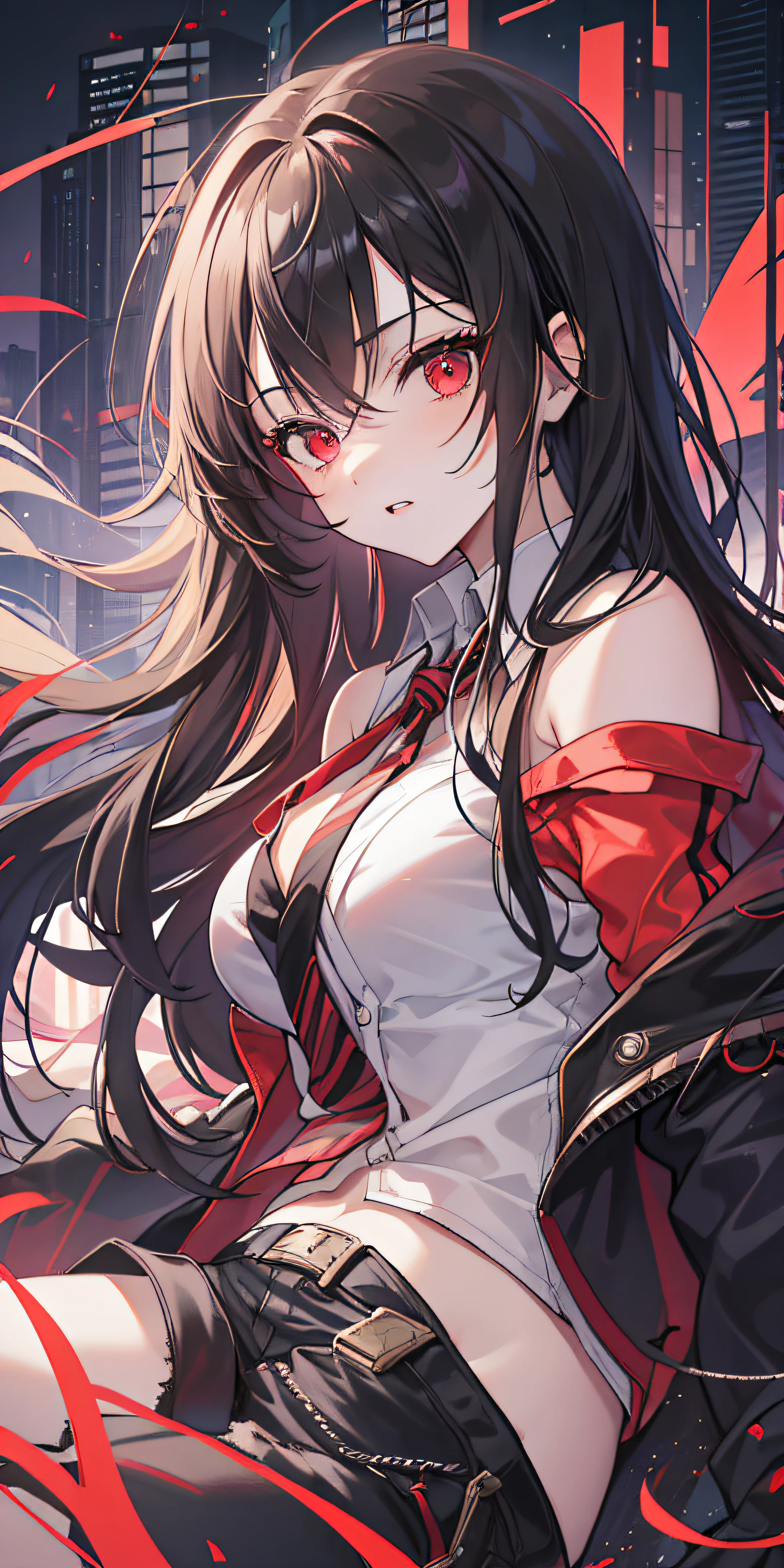(Masterpiece: 1.2, Best Quality), (Fine Beautiful Eyes: 1.2), (Very Detailed CG Unity 8k wallpaper, Masterpiece, Best Quality, Ultra Detail, Best Shadow), (Detailed Background), (Beautiful Detail Face, Beautiful Detail Eyes), High Contrast, (Best Lighting, Extremely Delicate and Beautiful), 1girl, (Colored paint splashed on transparent background, Dulux,)), Dynamic angle, Partially unbuttoned, huge_filesize, girl, Hair over the shoulder, ridiculously long hair, brunette hair, striped hair, red and black hair, ahog, red eyes, medium breasts, collared shirt, jacket, (navel), bare_shoulders, shorts, crossed laced_footwear, kawaii, dusk backlight, landscape, cityscape, full_moon, night, bareleged, serious, giggle