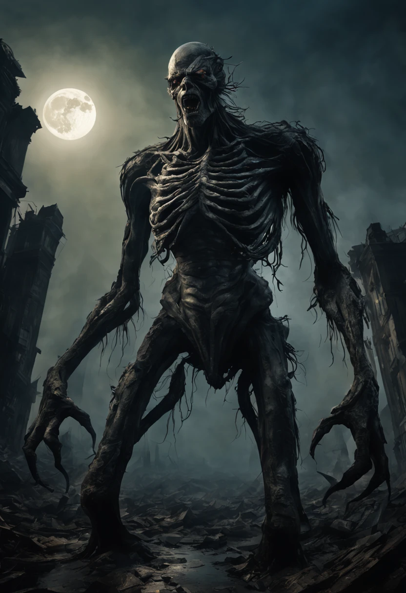 Ultra-detailed wide-angle camera captures the grotesque magnificence of a humanoid figure with gigantically enlarged proportions and multiple limbs, each ending in razor-sharp claws. The figure's skin appears rippled and textured, its massive form casting long, ominous shadows. Its eyes are beady and piercing, reflecting an unsettling intelligence. An epically terrifying scene unfolds in the background, with smoldering ruins and a desolate, moonlit landscape serving as ominous testament to the creature's destructive power. The figure's elongated limbs stretch out, each one tipped with razor-sh