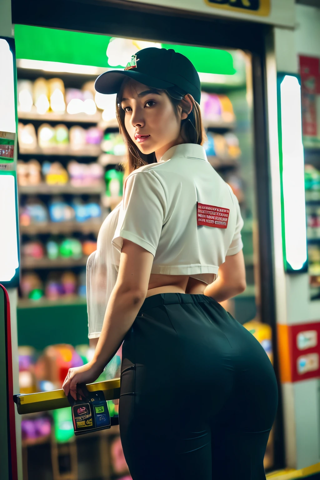slim thick, tight waist, voluptuous, hourglass figure, thick thighs, thicc, perfect body, super wide hips, childbearing hips, (front view:1.4), (full body shot: 1.2), huge butt, bubble butt, beautiful face, detailed, (ass bigger than her head: 1.4), (Breasts bigger than her head:1.5), (gigantomastia, macromastia, gigantic breasts: 1.4), (Ultra Quality, Masterpiece, Ethereal:1.4), cinematic, aesthetic, (wearing convenience store worker uniform: 1.6), (fully clothed: 1.4), setting is a convenience store
