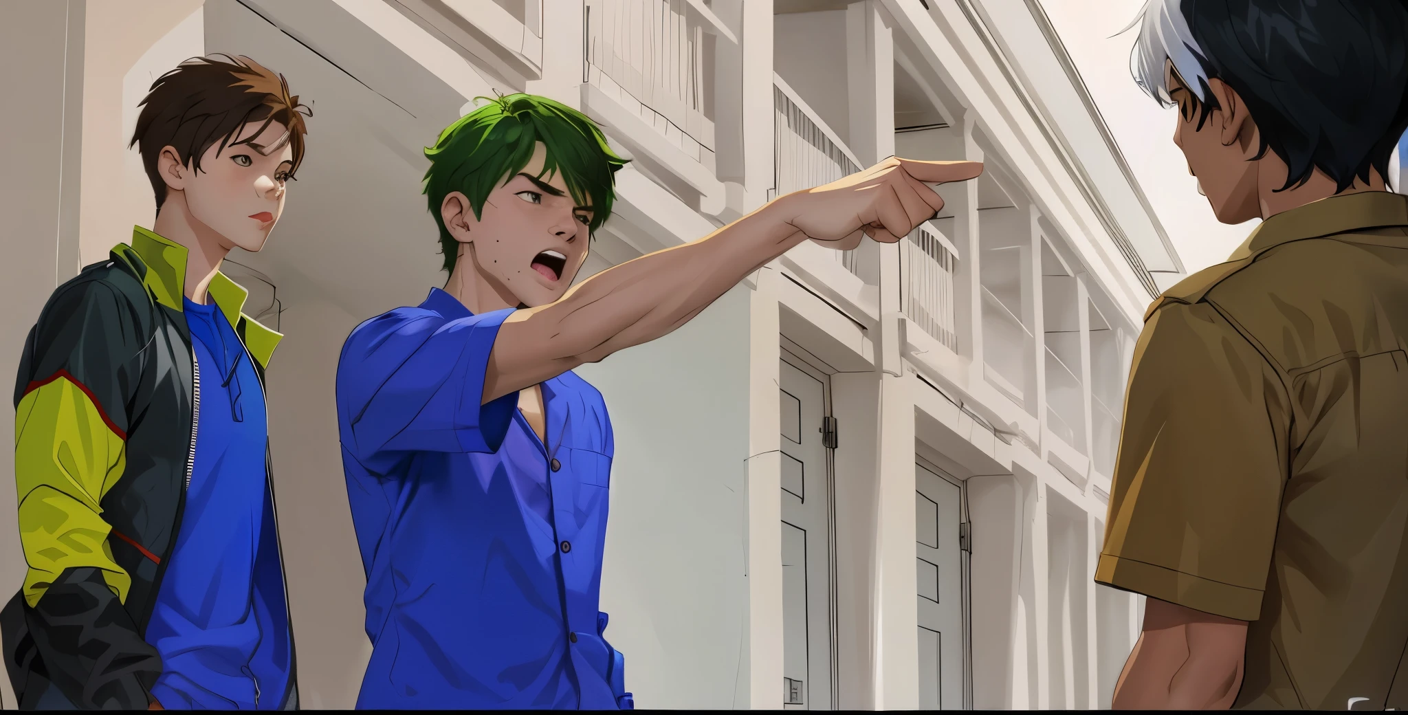 There are three boys, one of them threatens the other and points his finger at him.