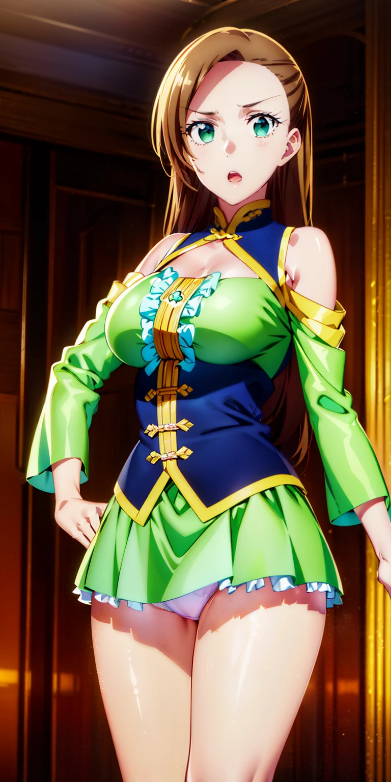 (((highest quality))), ((super detailed)),katalina、Light blue blouse、Super Mini Denim Skirt、waist skirt、beautiful breasts、beautiful navel、 ((illustrinion)), ((messy hair)), ((frills)), 超mini skirt、beautiful woman、leather、luster、sleeve less、Thin dress、立膝in座ってます、beautiful breasts、Sleeveless dress、しゃがんinる、spread legs、show whitepanties,Beautiful camel toe、(1 girl),(一人in),brown hair,cowboy_shot,crossed_arm,looking for_in_viewer,Open_mouth,China One Piece、imple_background,Are standing,rining:Safety,agriculture_clothing,green_Clothes,green_eye,((highest quality))), ((super detailed)), ((illustrinion)), ((messy hair)), ((frills)), (1 girl),(一人in),,cowboy_shot,crossed_arm,looking for_in_viewer,Open_mouth,simple_background,Are standing,rining:Safety,agriculture_clothing,green_Clothes,green_eye,