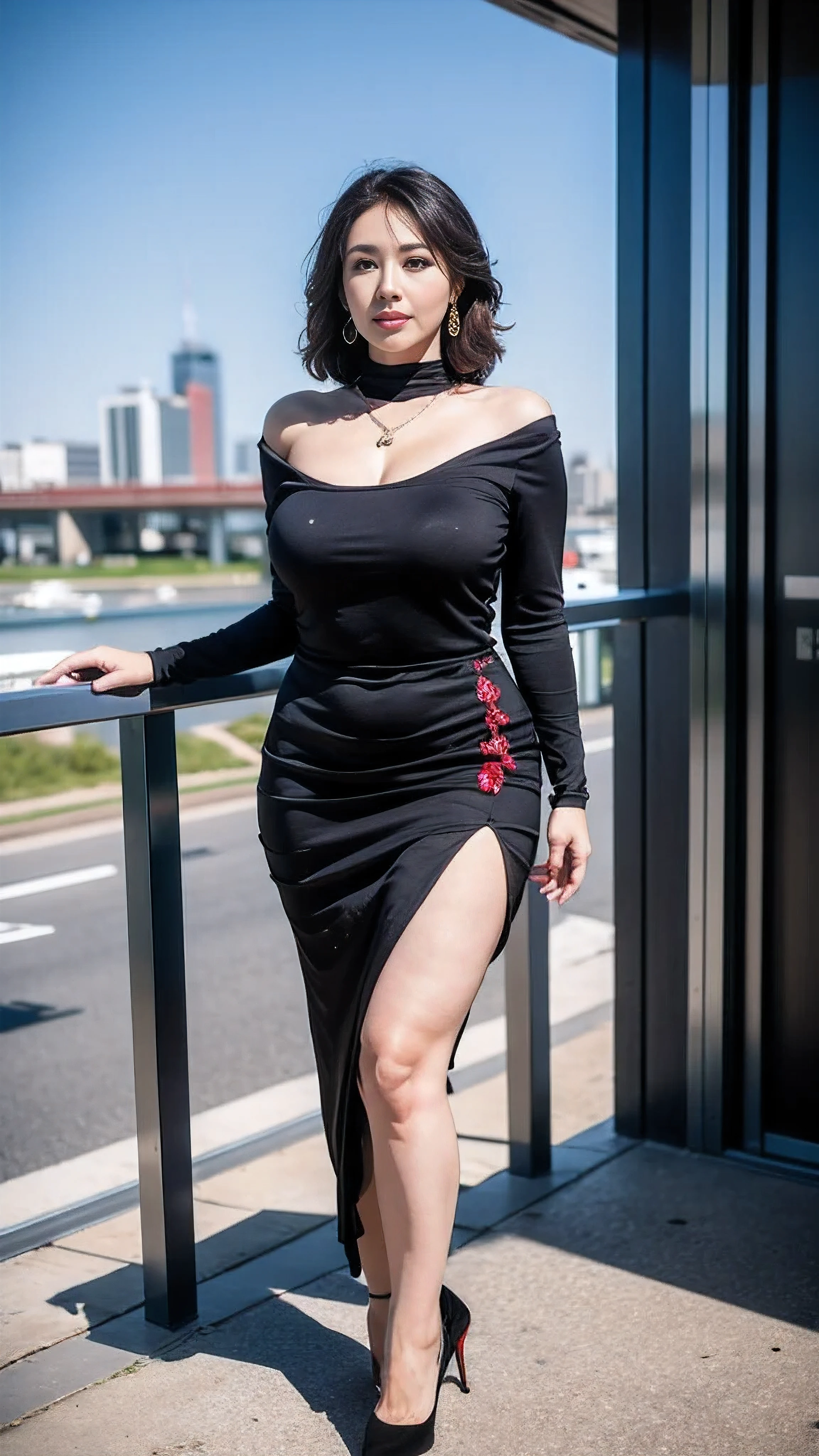 big breasts,Black,High heel,long distance full body photo,outdoor,Highly detailed 8k wallpaper), 8k,best quality, masterpiece, ultra high resolution,(lifelike:1.4), original photo, sharp focus, detailed, dramatic, Exquisite and beautiful woman, (tall and straight:1.1), (No), (droopy giant:1.1), (Fat Evil Goddesetallic high-leg turtleneck dress:1.0),(Slim skirt),(thin fabricmetalall-in-onerace ), Half butterfly earrings, Double ring necklace, (defiance:1.05), (65 years old, : 1.4), cosmetic, (lipstick: 1.1), (Eyeliner: 1.2), mascara, eye shadow, curls, dynamic angle, (red lips)nice graphics, current employer,spectacular view, Show your whole body in the big city,