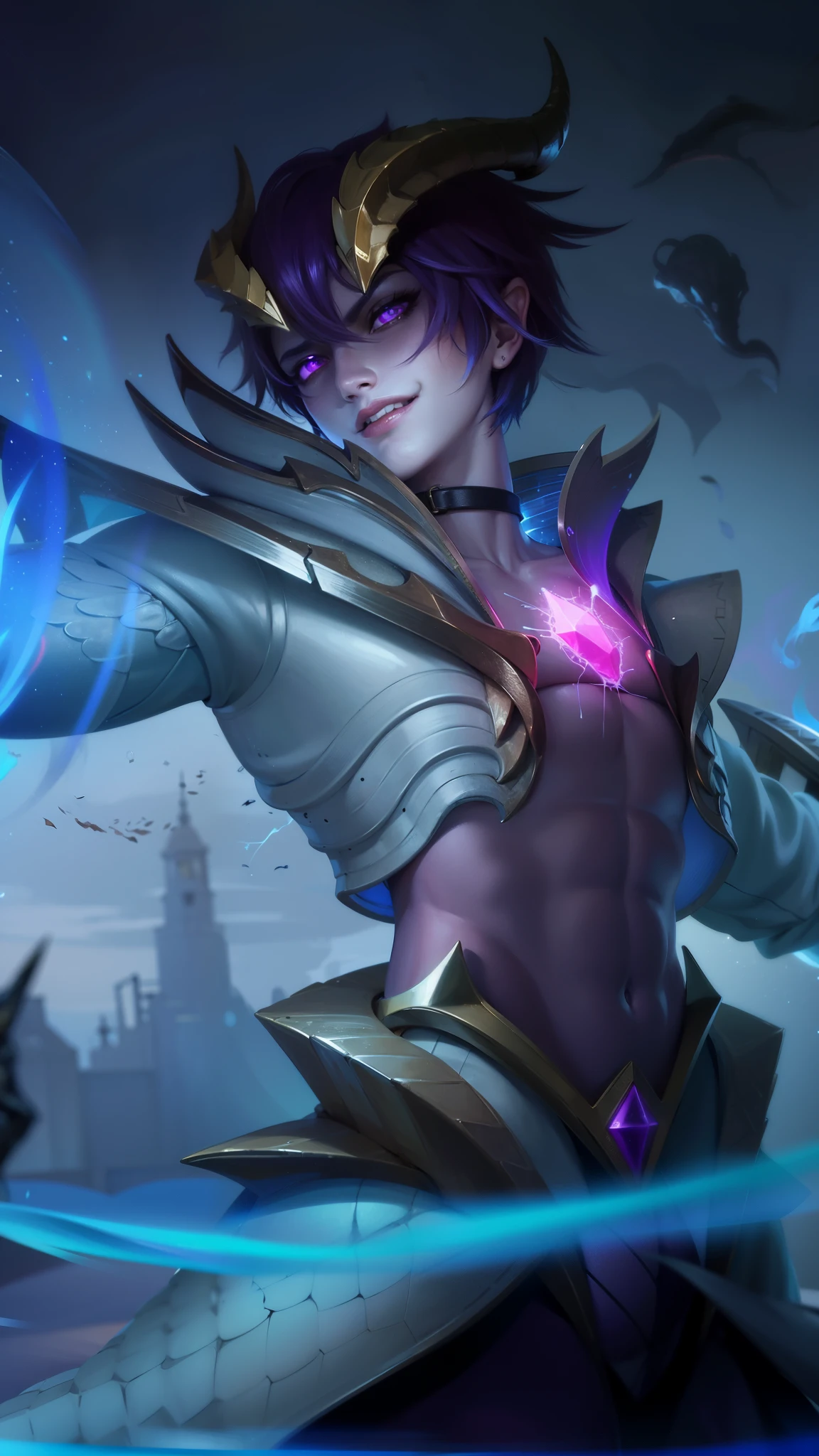 masculine male, masterpiece, ((perfect eyes)) best quality, (semirealism:1.9), beautiful lighting, (extremely detailed CG unity 4k fhd wallpaper), High Detail, Sharp focus, dramatic outdoors, 25 years old, blue short hair, Boy with two big horns, big earrings on ears, elf ear, red eyes, Thick eyebrows, evil smile, grinning, red body, red face, Burning skin, yellow diamonds glistening on chest, burning red skin, golden robe behind, big white belt, 8k, realistic, tato, scary, strong red eye glow (red eye:1.2).