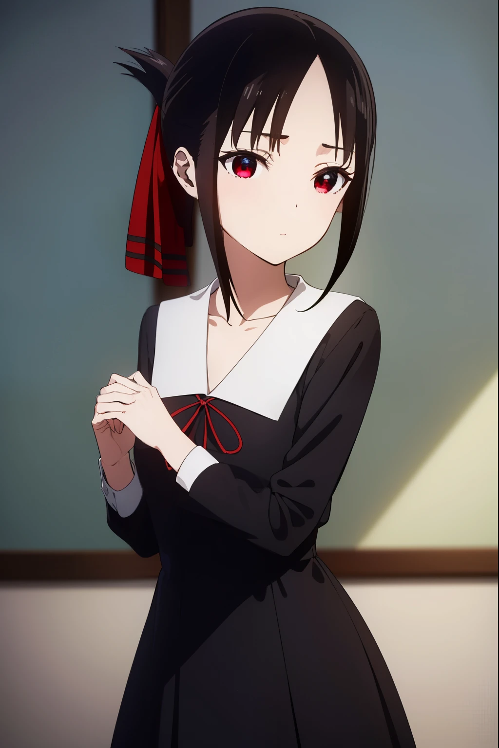 kaguyashinomiya, kaguya shinomiya, short hair, bangs, black hair, (red eyes:1.3), hair ribbon, sidelocks, folded ponytail, (parted bangs:1.5),
BREAK long sleeves, dress, ribbon, school uniform, collarbone, black dress, sailor collar, white sailor collar, red ribbon, neck ribbon, shuuchiin academy school uniform,
BREAK indoors, classroom,
BREAK looking at viewer, (cowboy shot:1.5),
BREAK (masterpiece:1.2), best quality, high resolution, unity 8k wallpaper, (illustration:0.8), (beautiful detailed eyes:1.6), extremely detailed face, perfect lighting, extremely detailed CG, (perfect hands, perfect anatomy),