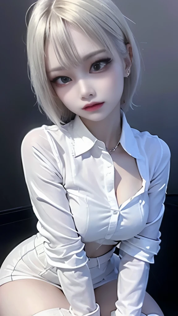 sweet expression, kneel down, hand between legs, white glasses, white short hair, (8K, RAW photo, realistic:1.25) ,( lip gloss, eyelash, shiny face, Glossy skin, highest quality, ultra high resolution, Depth of bounds written, chromatic aberration, caustics, wide light, natural shadow, K-POP idol) Watch viewers in serenity and goddess-like bliss, whole body, big breasts, white underwear, black stockings, see-through shirt, white shirt, secretary