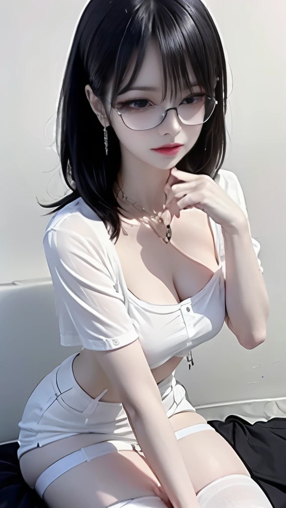 sweet expression, kneel down, hand between legs, white glasses, white short hair, (8K, RAW photo, realistic:1.25) ,( lip gloss, eyelash, shiny face, Glossy skin, highest quality, ultra high resolution, Depth of bounds written, chromatic aberration, caustics, wide light, natural shadow, K-POP idol) Watch viewers in serenity and goddess-like bliss, whole body, big breasts, white underwear, black stockings, see-through shirt, white shirt, secretary