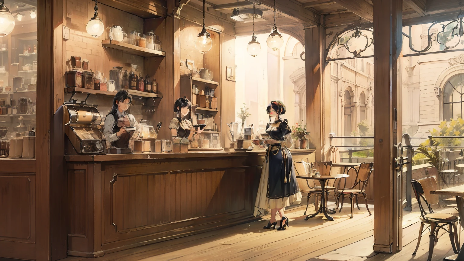 cafe terrace、masterpiece, highest quality, very delicate and beautiful, Super fine, Haile, very elaborate, figure, realistic, coffee shop, retro,antique