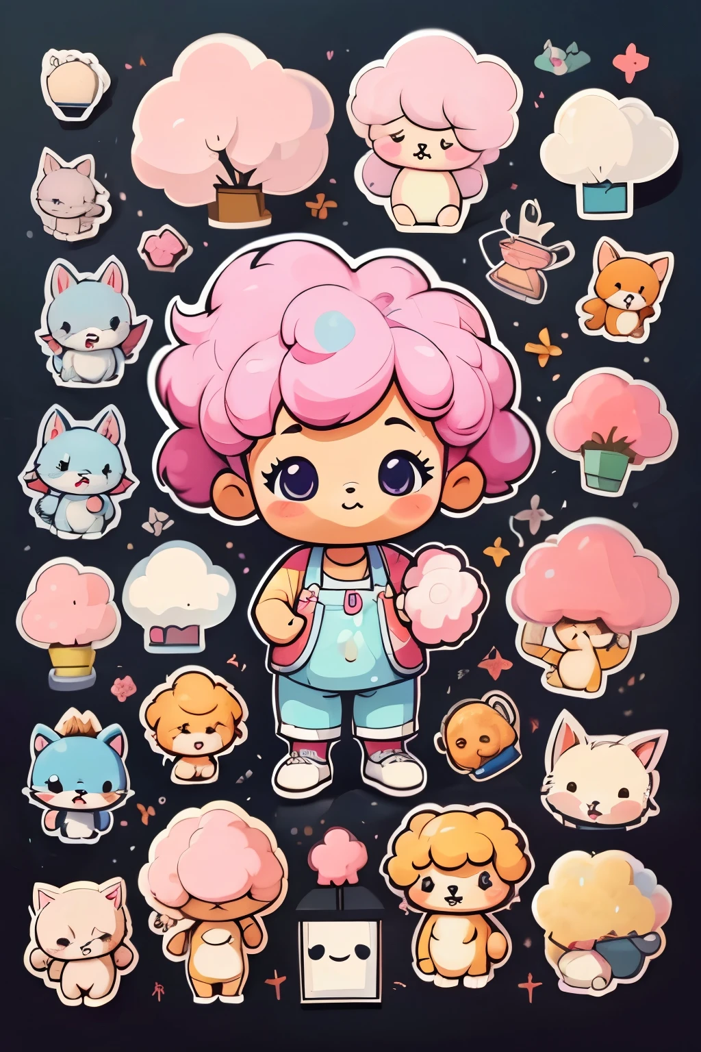 a sticker,many character, little dog,Toy poodle, cotton candy, simple backgound,Cartoon Cute,funny style, chibi style, high detailed, highest quality, masterpiece,