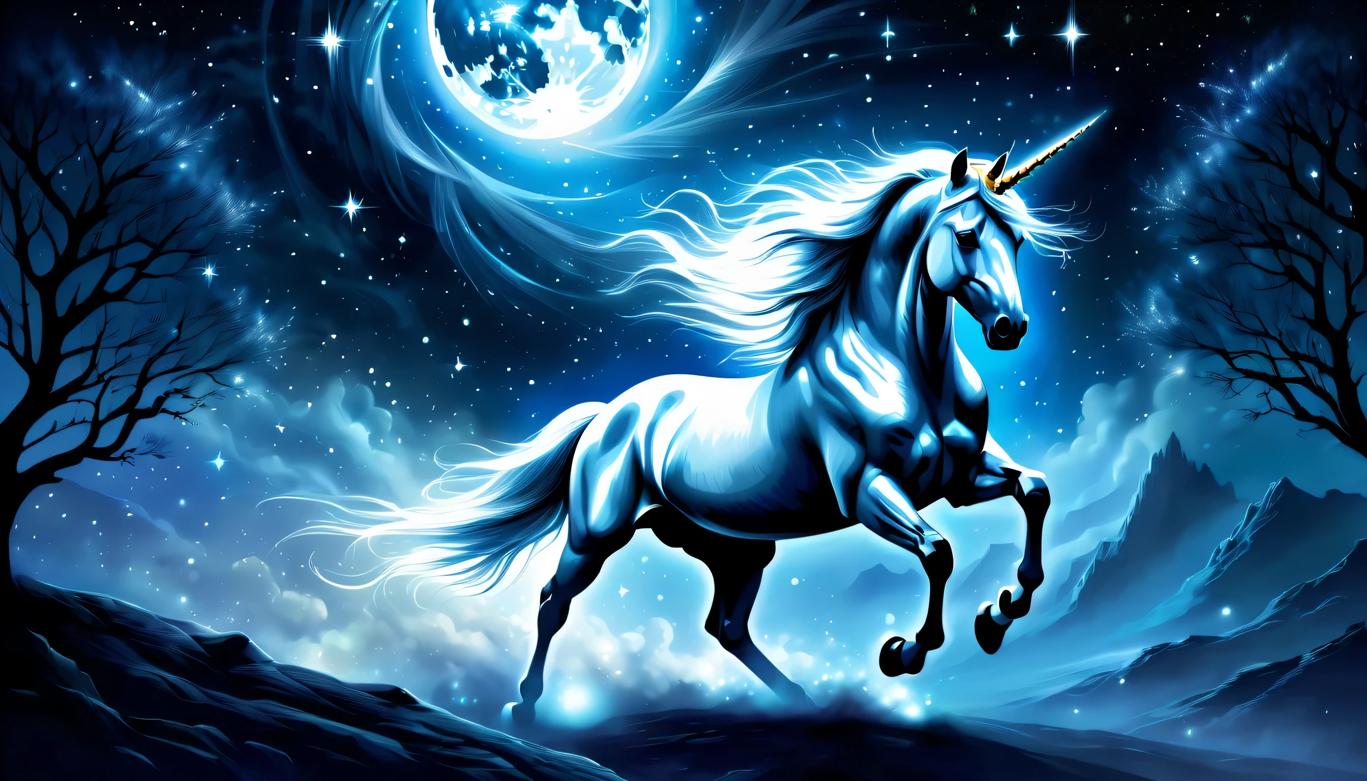 diorama unicorn, dark fantasy, ARGB glow, intricate and elaborate decals, Fantastic night atmosphere, water reflection, Dynamic angle from below, cute round ex-lover, beautiful platinum horn, intricate details, high quality, Stunning tonal contrast 32K rendering, dark fantasy style negative space is beautiful,
