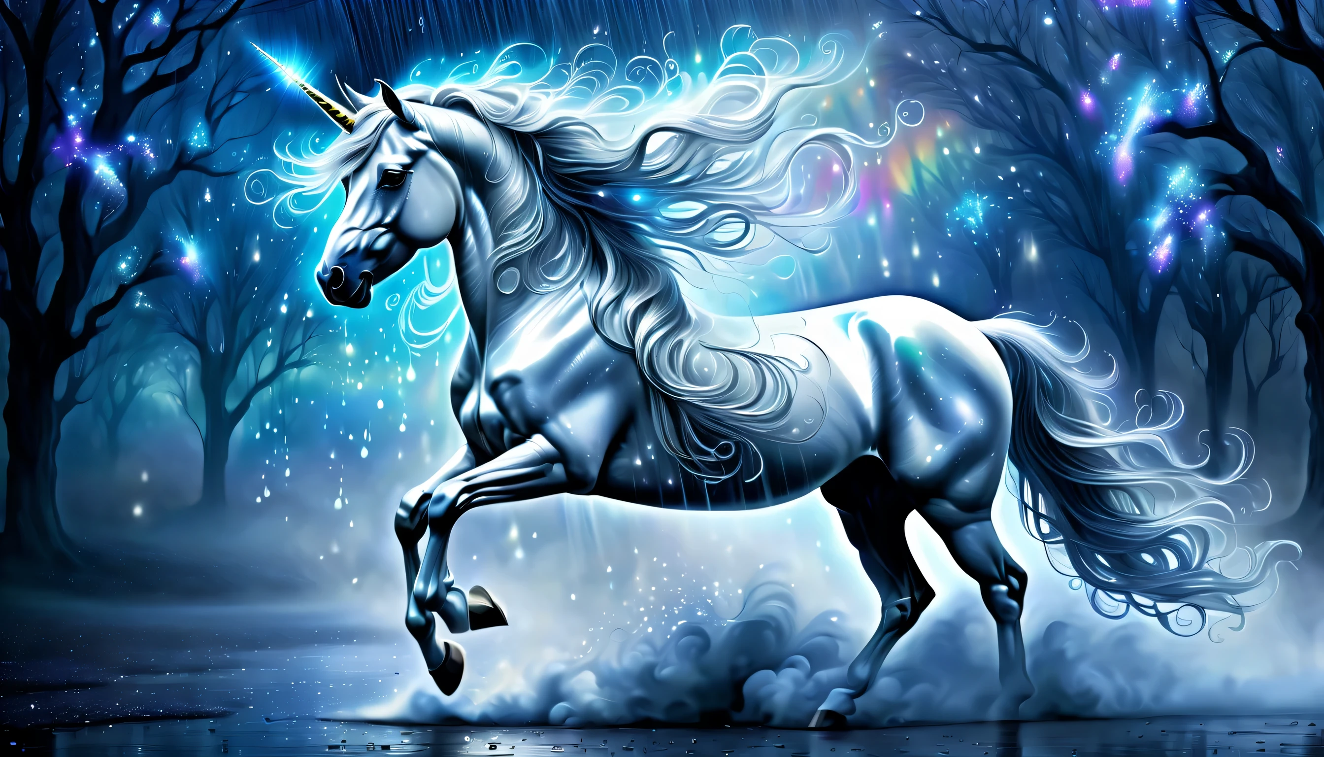 stunning fantasy unicorn, captivating images drawn, Enchanting ethereal beauty and elegant swirls of smoke surround you.。, A truly captivating glow of detail, Every feature has a complex and elaborate impact, Unicorn with a breathtakingly cool image, Exquisite and enchanting features to the mane, beautiful fantasy metallic rain, high quality, Magnificent brilliance and captivating presence, Extraordinary detail and realization, excellence, Stunningly detailed 32K rendering, Exquisitely, enchantment fantasy charm,