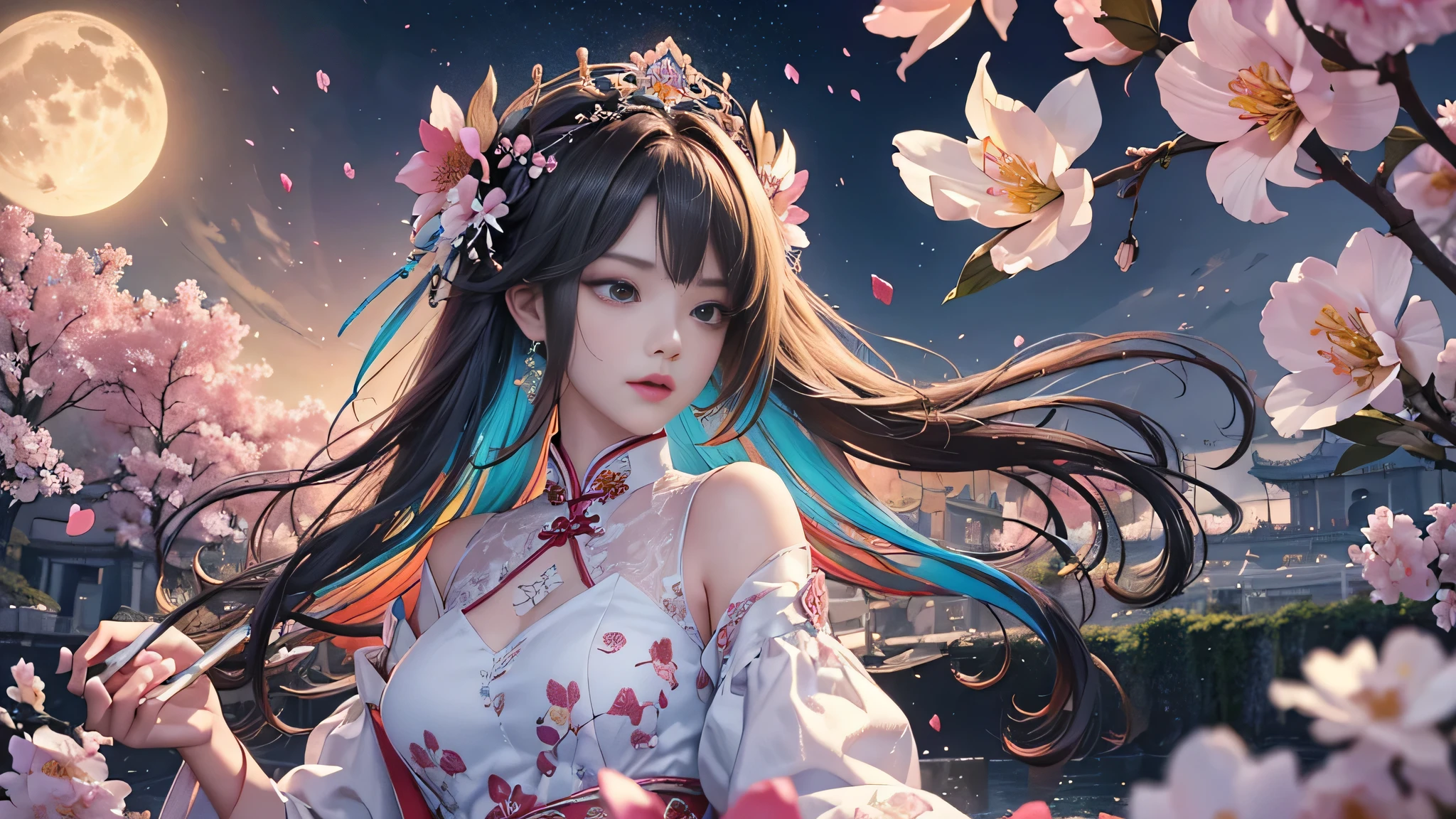 (8K, RAW photo: 1.2), highest quality, ultra high resolution, elevation angle, (Full of delicate colored petals: 1.5), (1 girl))), (long hair), (hair ornaments: 1.4), flower garden, There is an ancient palace next to the girl, cheongsam clothing, (concentrate), (color splash), colorful splash, ((colorful))), masterpiece, highest quality, beautifully drawn, very detailed, (noise removal: 0.6), (beautiful and detailed sky), moon, very detailed, (masterpiece, highest quality, very detailed) CG Unity 8k wallpapers, masterpiece, highest quality, Super detailed), (Lycoris radiata),