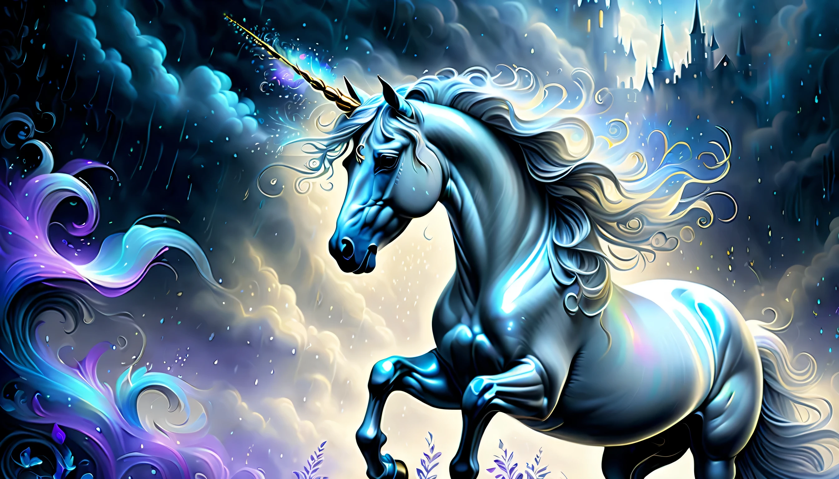 diorama unicorn, dark fantasy, ARGB glow, intricate and elaborate decals, Fantastic night atmosphere, water reflection, Dynamic angle from below, cute round ex-lover, beautiful platinum horn, intricate details, high quality, Stunning tonal contrast 32K rendering, dark fantasy style negative space is beautiful,