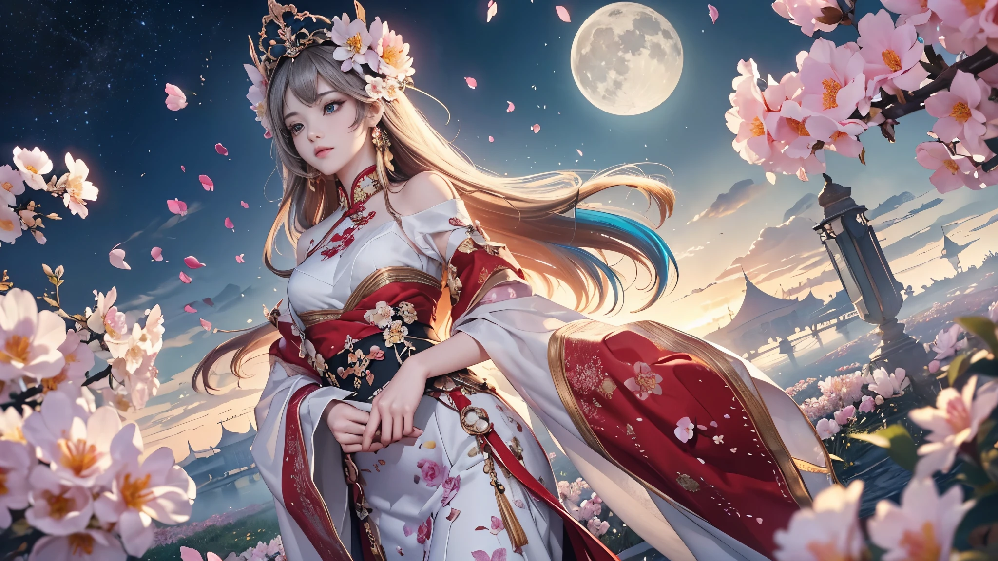 (8K, RAW photo: 1.2), highest quality, ultra high resolution, dramatic angle, (Full of delicate colored petals: 1.5), (1 girl))), (long hair), (hair ornaments: 1.4), flower garden, There is an ancient palace next to the girl, cheongsam clothing, (concentrated), (color splash), colorful splash, ((colorful))), masterpiece, highest quality, beautifully drawn, very detailed, (noise removal: 0.6), (beautiful and detailed sky), moon, very detailed, (masterpiece, highest quality, very detailed) CG Unity 8K wallpaper, masterpiece, highest quality, Super detailed), (Lycoris radiata),