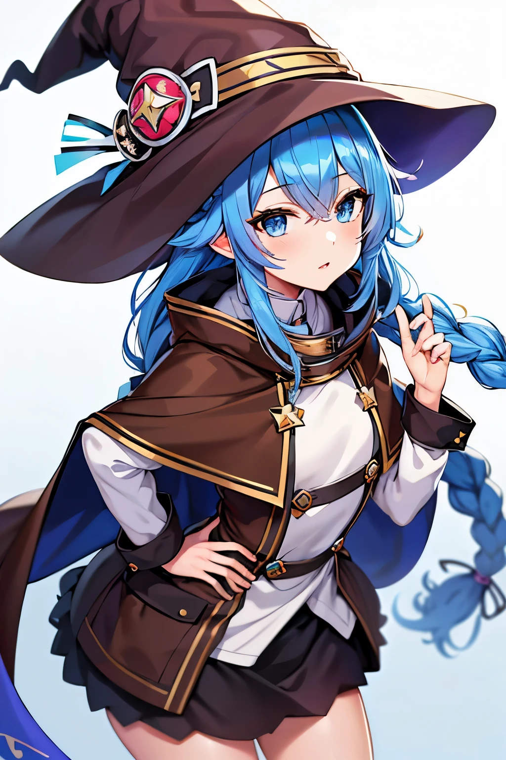 (best quality), (masterpiece), ((beautiful:0.75) cute girl:0.75), [clear and clean] pixiv (illustration), (roxy migurdia:1.25), blue eyes, blue hair, bangs, brown cape, witch hat, braid,  