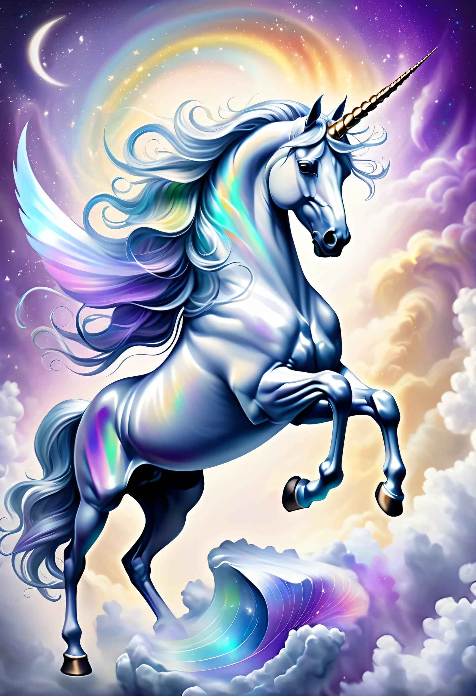 A female centaur，She is famous in the multiverse，She is both a female centaur, half human, half horse, half horse，It is also a female Yingzhao，Her image blends，The head, neck and shoulders of the horse are transformed into beautiful female humans, females, half-centaurs, half-horses, half-humans, half-humans, and human human upper bodies，and a chimera of a female half-horse with a beauty in the female body of the horse's belly，It's like a female human wearing a half-horse-like costume and making a seamless chimera，This chimerization is based on powerful futuristic technology。The ultra-wide-angle lens captures the graceful and ethereal image of her light wings charging and jumping on the ionosphere。Her front half is a tall, sexy body with obvious feminine characteristics，Has K cup teardrop-shaped giant tit chest，Small man-waisted butterflies span long legs，The half-horse of the back half of the body is embedded in the front half of the body at the hip position，The horse-shaped half-horse torso form of the back half of the body is completely female and humanized，From the upper end of the sternum, the sexy bent dog style shape of the chest cavity embedded in the lower back position of the beauty body is placed transversely，Then there are the sexy beauty's horizontal waist and abdomen and straight hips，Her entire body has been completely feminized，Includes the half-horse part of the hind body，Mechanized armor covers the knee-shaped anti-joints and feet，And these parts are highly anthropomorphic，This gives her legs a graceful and slender line，She has four slender legs like a supermodel，Under the legs are skinny white feet dressed in Skyscraper Heels，Use Midjourney's advanced stroke tools and color palettes, as well as texture packs, model packs, and texture tools，Concentration，Femaleize all parts of her original equine physiologic appearance，And give these parts an ergonomic appearance，Finely treat the details of tight connections on the structure of the chest, abdominal