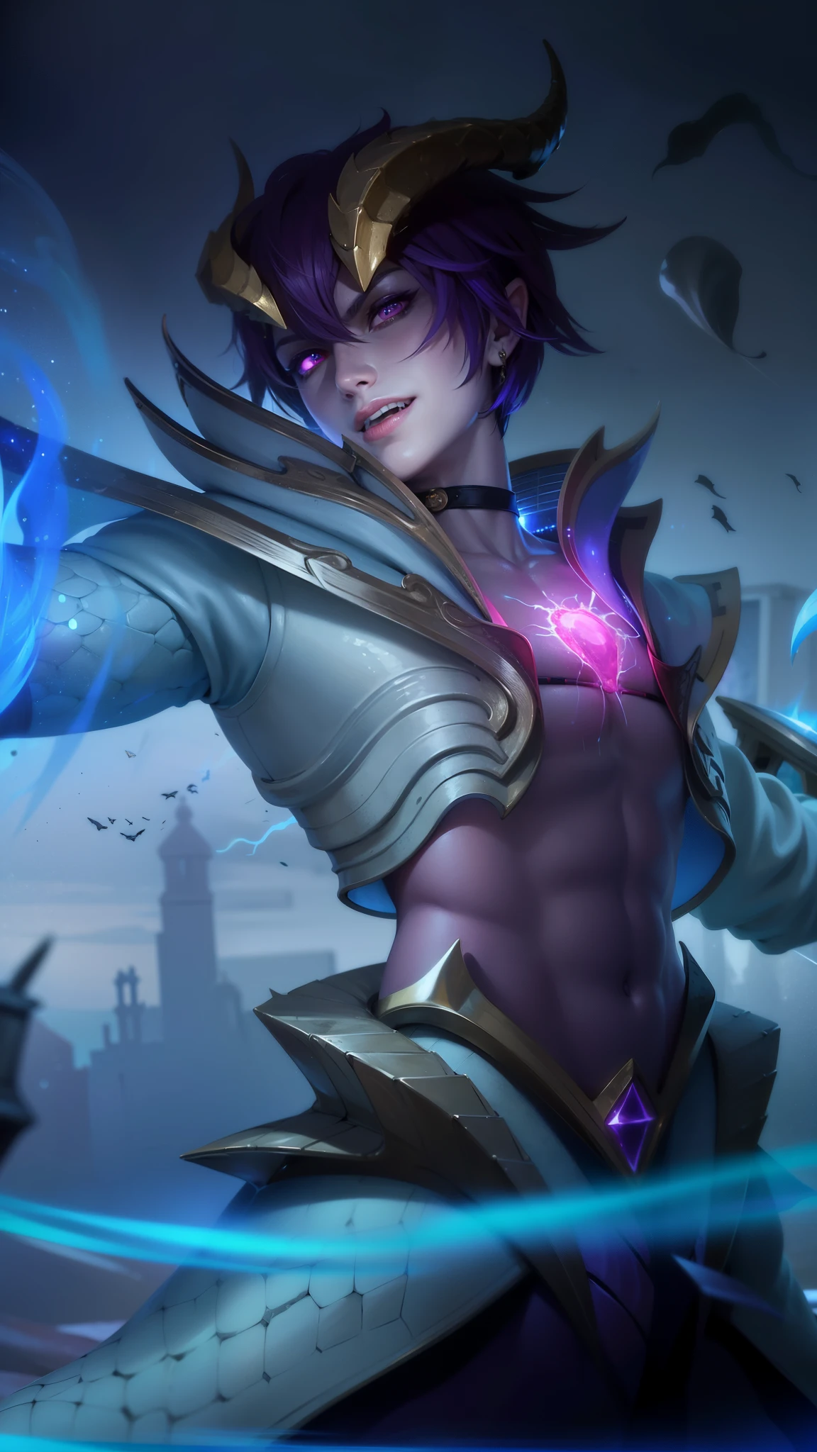 masculine male, masterpiece, ((perfect eyes)) best quality, (semirealism:1.9), beautiful lighting, (extremely detailed CG unity 4k fhd wallpaper), High Detail, Sharp focus, dramatic outdoors, 25 years old, blue short hair, Boy with two big horns, big earrings on ears, elf ear, red eyes, Thick eyebrows, evil smile, grinning, red body, red face, Burning skin, yellow diamonds glistening on chest, burning red skin, golden robe behind, big white belt, 8k, realistic, tato, scary, strong red eye glow (red eye:1.2).