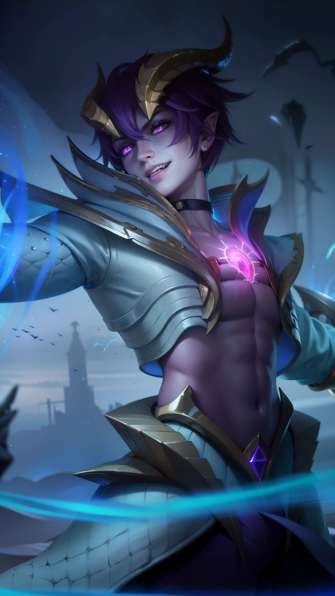 masculine male, masterpiece, ((perfect eyes)) best quality, (semirealism:1.9), beautiful lighting, (extremely detailed CG unity 4k fhd wallpaper), High Detail, Sharp focus, dramatic outdoors, 25 years old, blue short hair, Boy with two big horns, big earrings on ears, elf ear, red eyes, Thick eyebrows, evil smile, grinning, red body, red face, Burning skin, yellow diamonds glistening on chest, burning red skin, golden robe behind, big white belt, 8k, realistic, tato, scary, strong red eye glow (red eye:1.2).