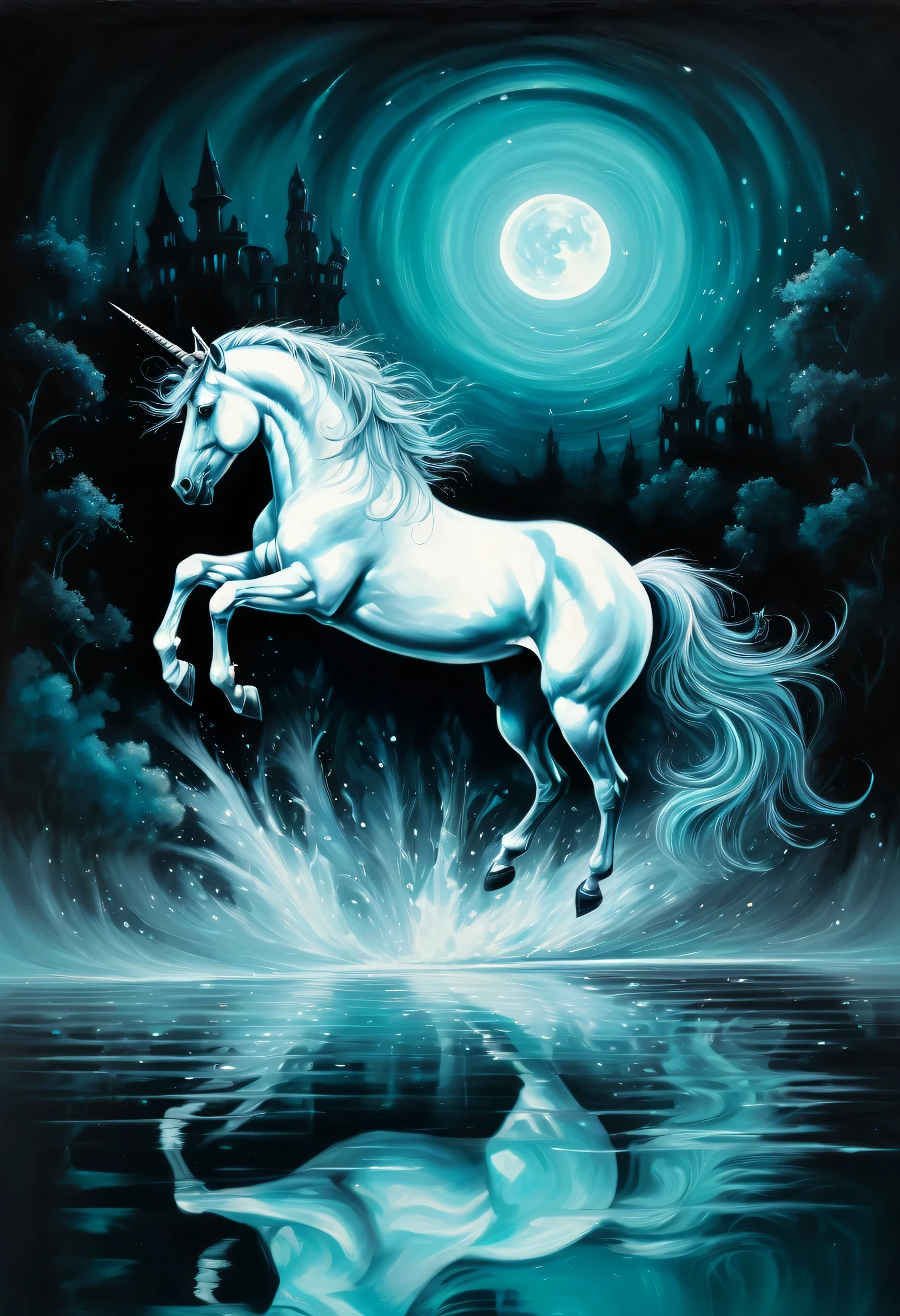 diorama unicorn, dark fantasy, ARGB glow, intricate and elaborate decals, Fantastic night atmosphere, water reflection, Dynamic angle from below, cute round ex-lover, beautiful platinum horn, intricate details, high quality, Stunning tonal contrast 32K rendering, dark fantasy style negative space is beautiful,
