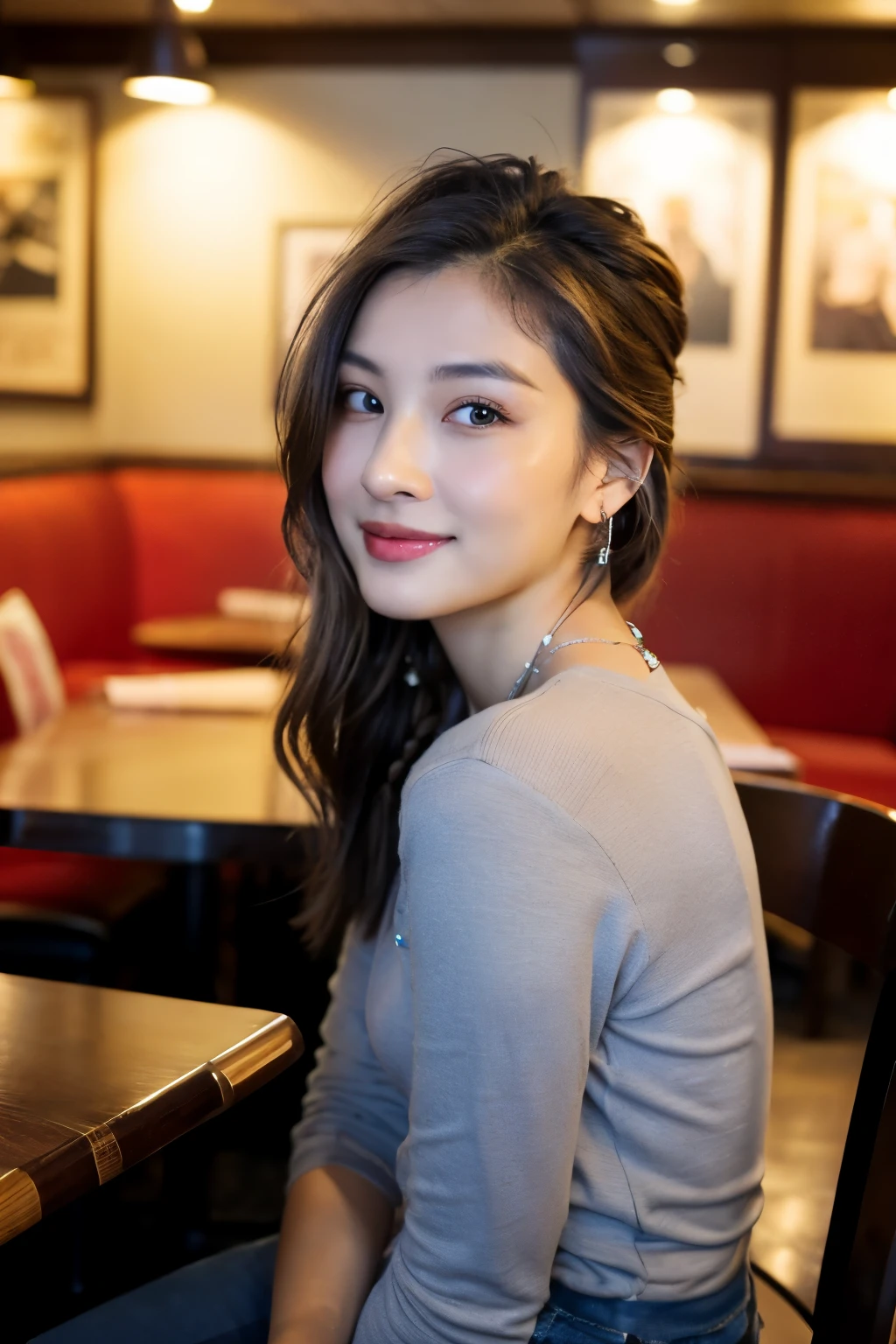 highest quality, masterpiece, ultra high resolution,(realistic:1.4), (RAW photo:1.2), (sit on a chair:1.2), (detailed butt:1.1), at the restaurant,half_smile, fine eyes, (looking at the viewer:1.2), (gray casual clothes), (casual pants:1.2), (beautiful face:1.2), (french twist:1.2), huge , girl, 18-year-old, deep shadow, dark theme, heart tattoo on neck, earrings, Cute necklace
